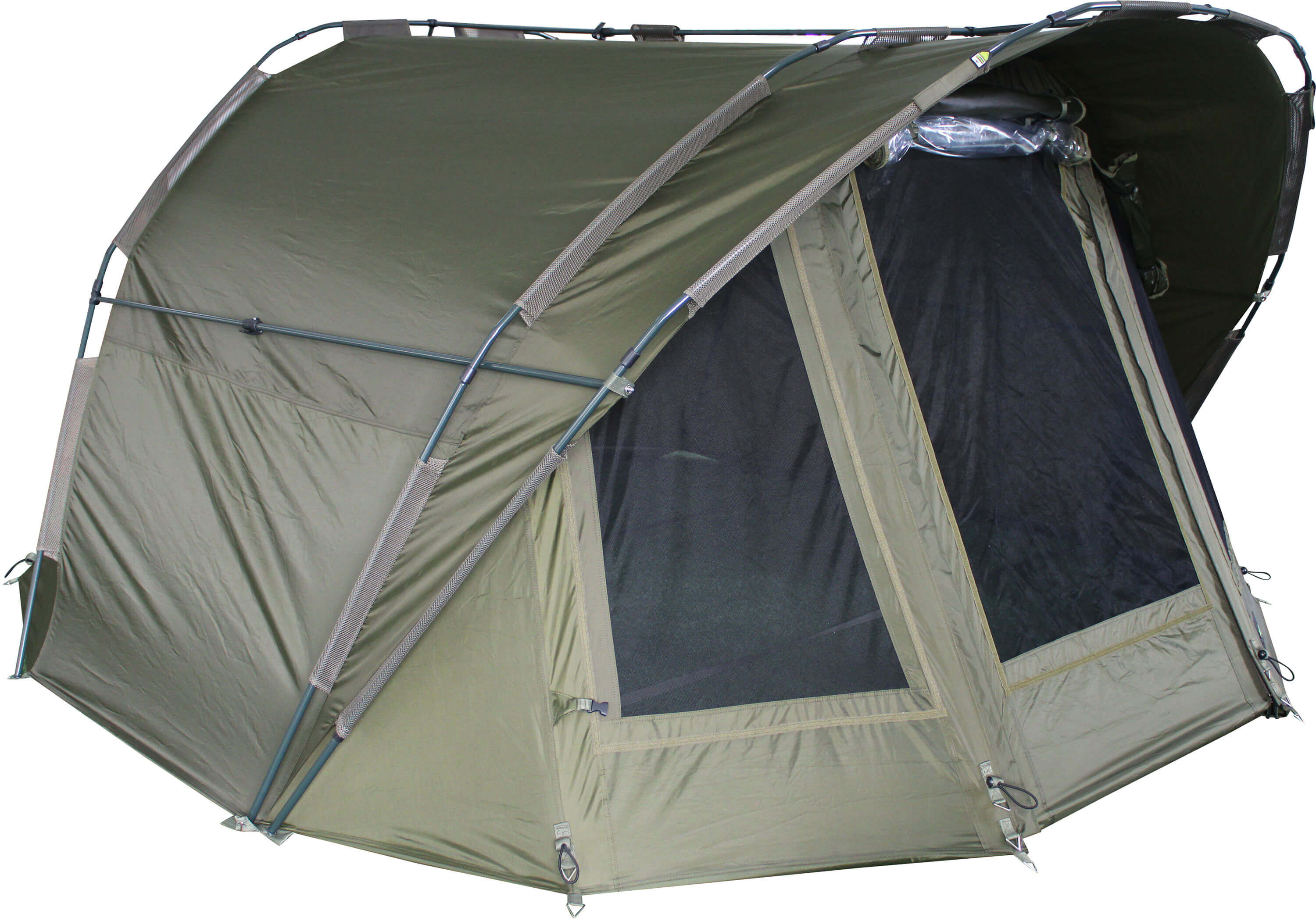 fort-knox-2man-bivvy Das 2 Mann Angelzelt ist mit einem großzügigen und wasserdichten Sonnendach ausgestattet.