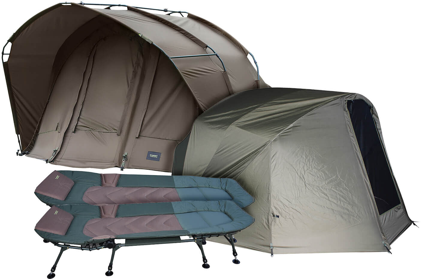 MK Fort Knox Dome 2 Mann Angelzelt mit 2 MK 5 Seasons Pro Angelliegen und Winterskin