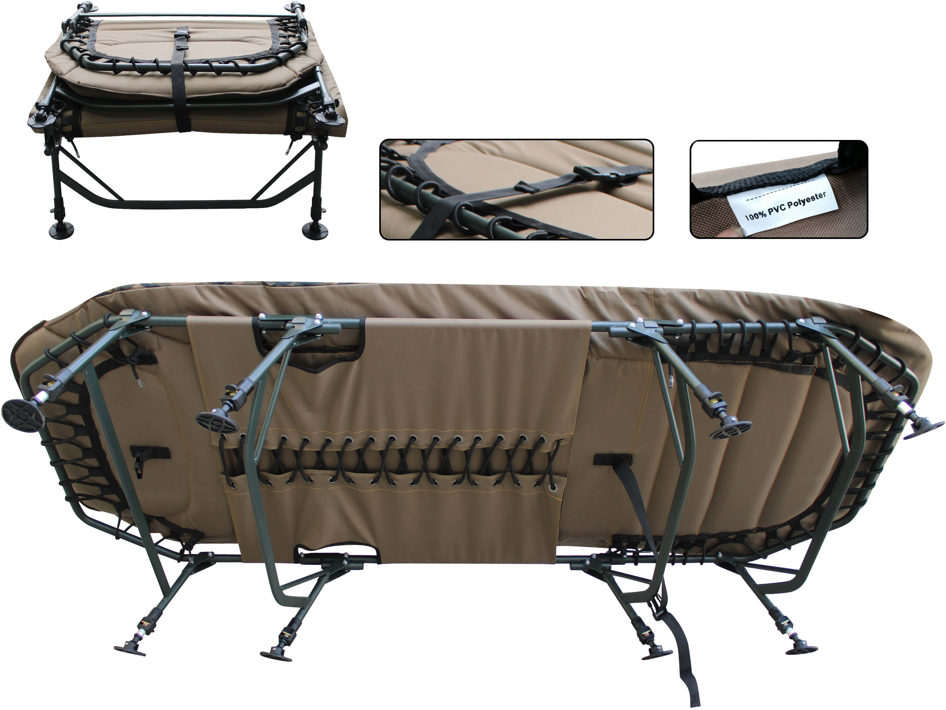 angelliege-camouflage-flat Comfortabele karpervisbedstoel met verstelbare poten en duurzaam PVC-materiaal.