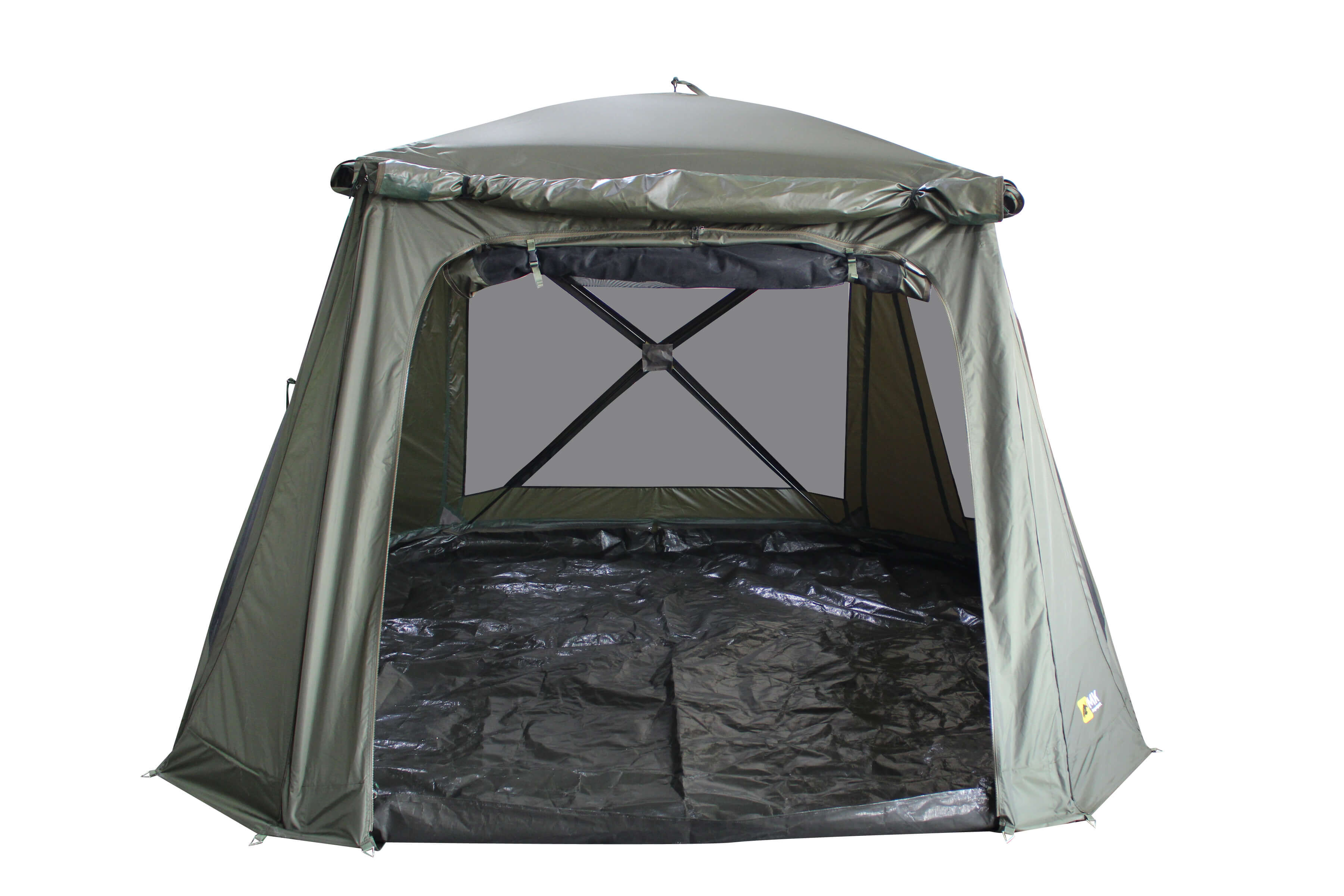 Ruime visschuilplaats voor karpervissers, perfect voor comfort en bescherming buitenshuis.