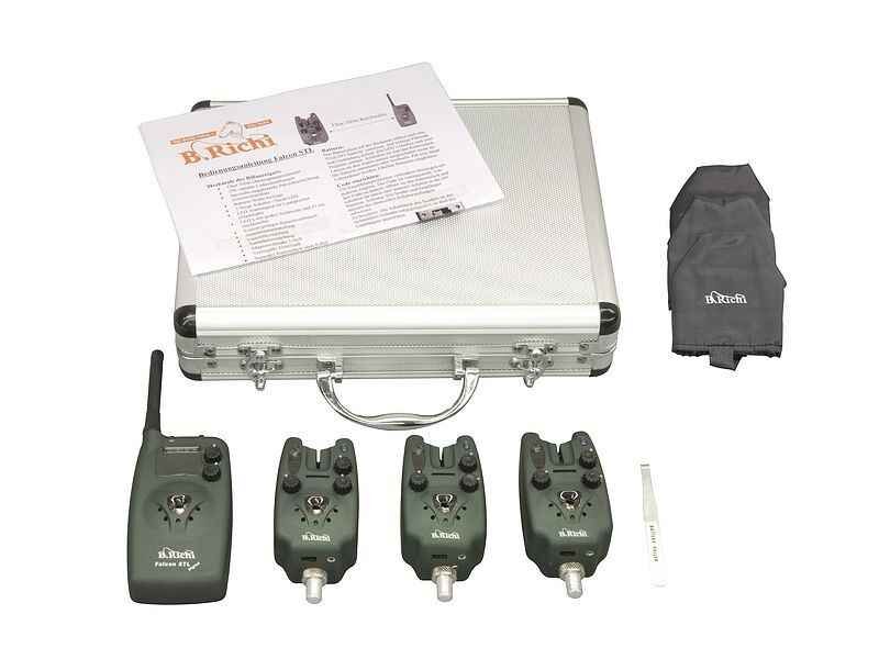 Falcon-STL-Digital-Funk-Set-Ampel-png Completo set electrónico de alarma de picada para la pesca de carpas, incluido mando y estuche de transporte.