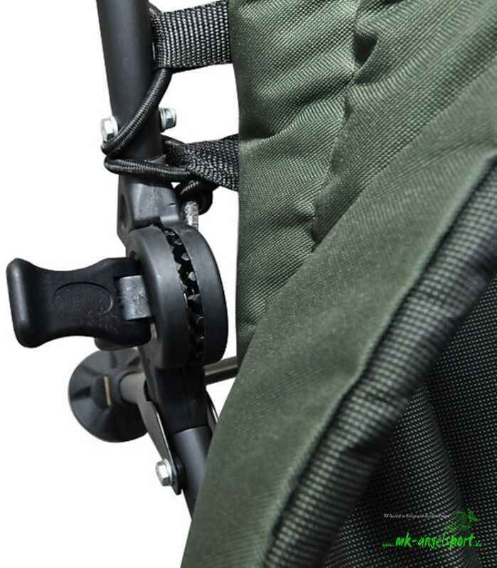 HOT-SPOT-Stalker-3-Leg-Bedchair_b4-png Primo piano del robusto meccanismo della sedia da pesca, essenziale per una comoda pesca alla carpa.