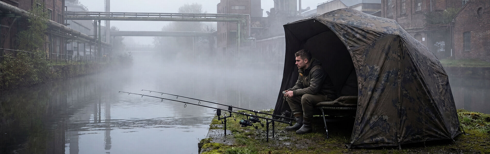 Ein Fischer sitzt an einem nebligen Fluss und nutzt Angelruten und ein Zelt für ein angenehmes Angelerlebnis.