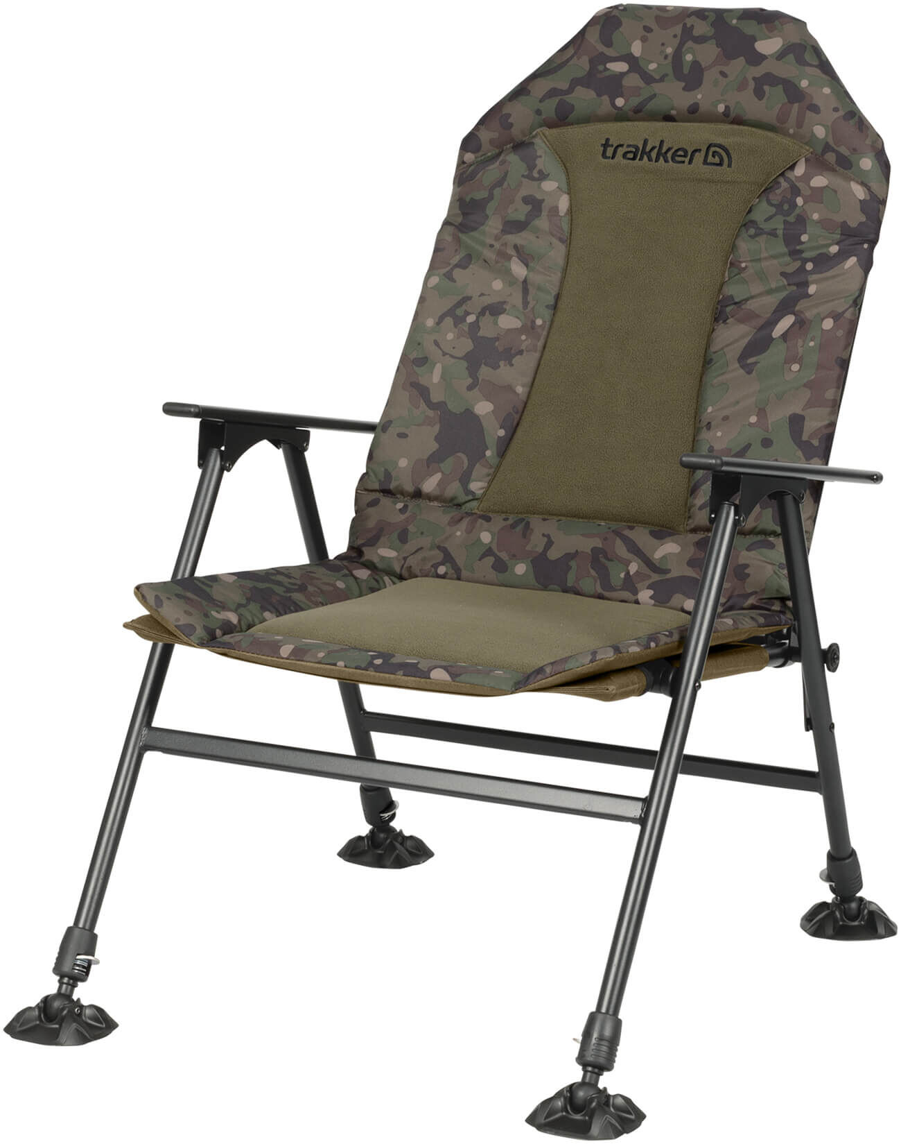 Chaise de pêche camouflage confortable, parfaite pour les longues journées au bord de l'eau, assurant la détente.