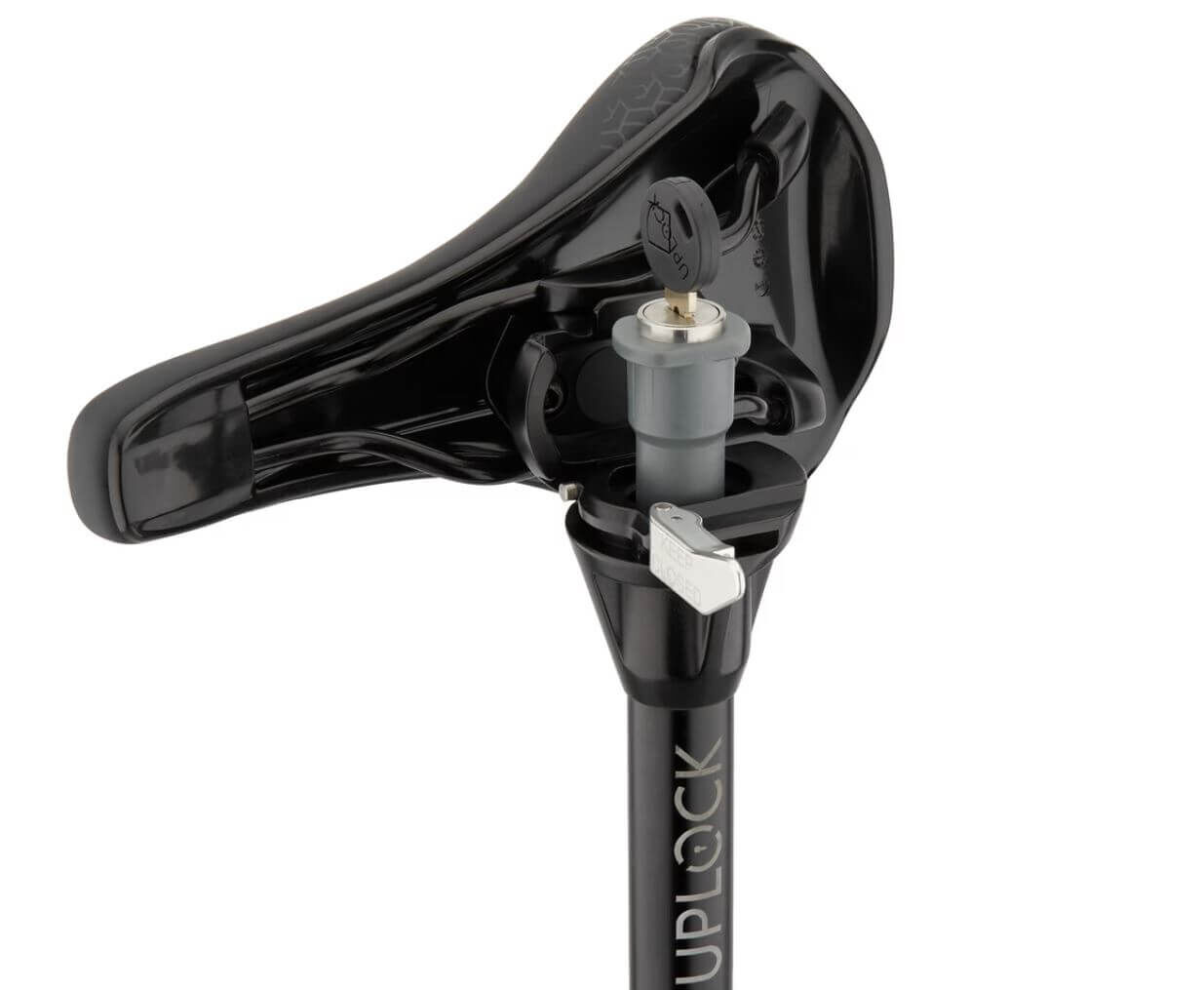 Schwarzer Fahrradsattel mit integriertem UpLock-Sattelstützen-Sicherheitsschloss und Schlüsselmechanismus.