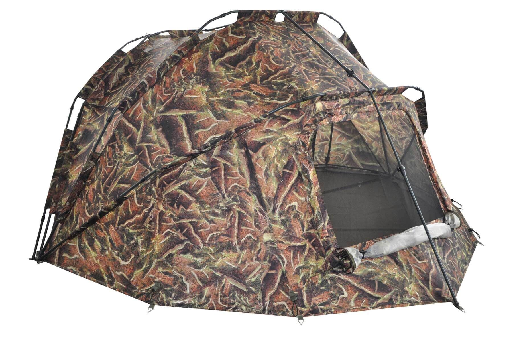 angelzelt-muecken Camouflage vistent die beschutting en comfort biedt voor karpervissers tijdens tochten.
