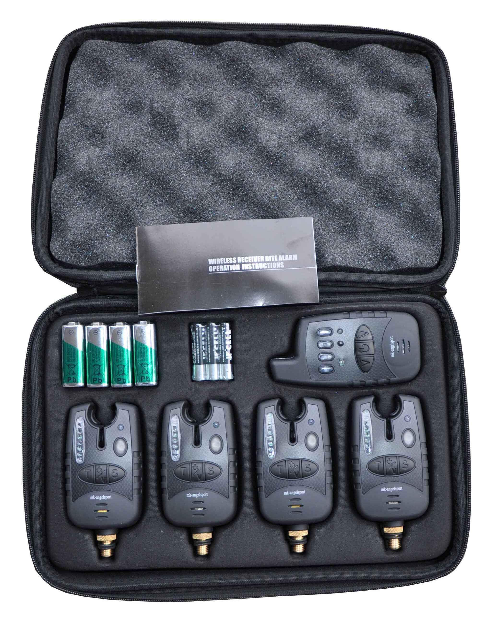 mk_4er_set_bissanzeiger Set segnalatore wireless per la pesca alla carpa, comprensivo di ricevitore e batterie.