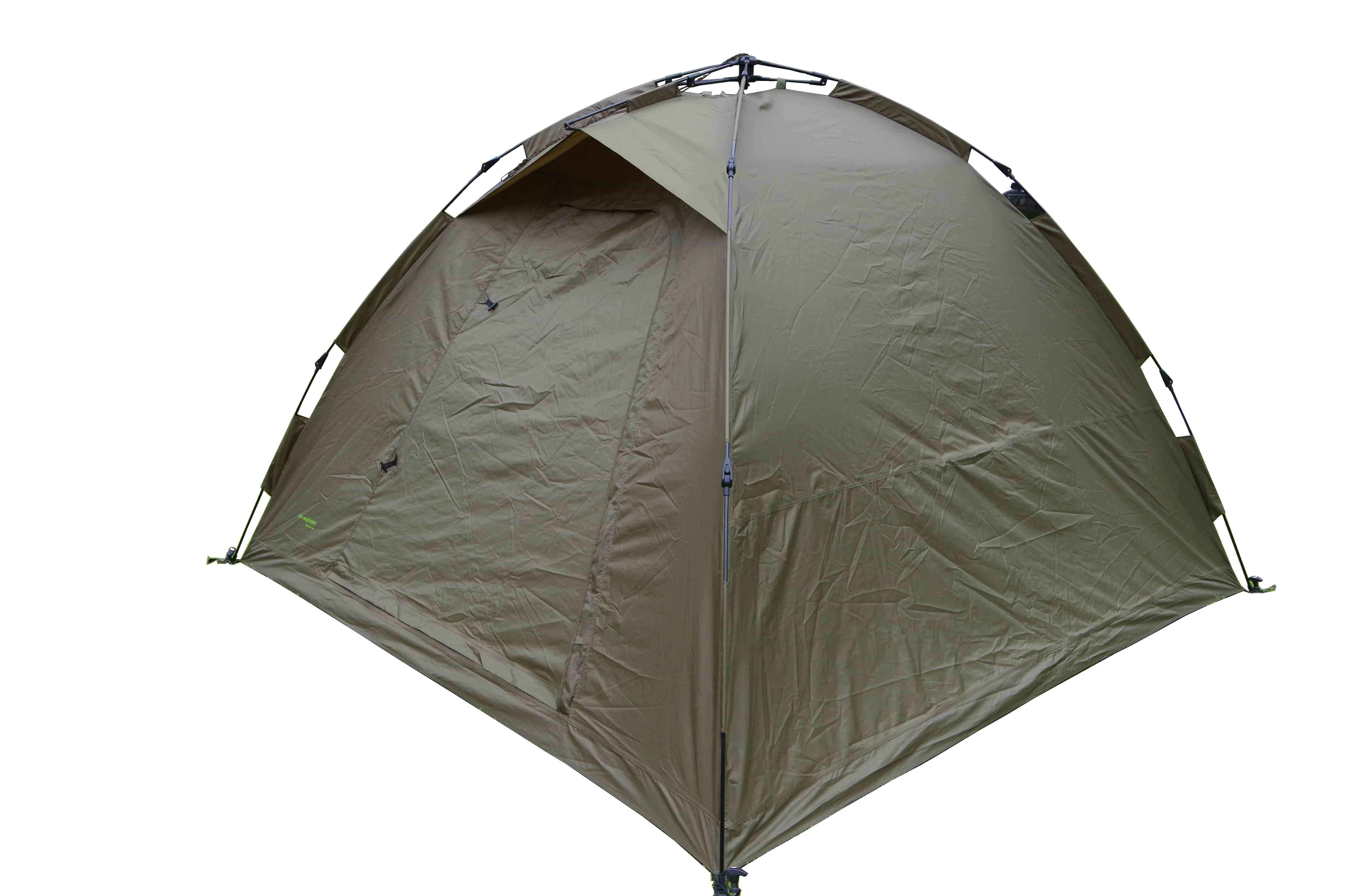 ruck_zuck_angelzelt2 Durevole riparo da pesca per i carpisti, che offre comfort e protezione dagli elementi.