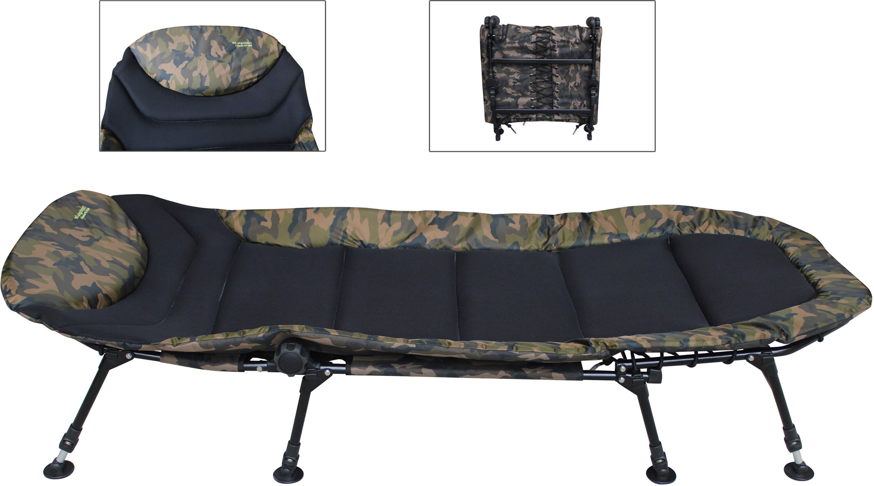 Letto da pesca MK 5 Seasons Camou Pro Deluxe a 8 bracci per carpe Comodo lettino da pesca mimetico per pescatori, perfetto per rilassarsi durante le lunghe sessioni di pesca alla carpa.