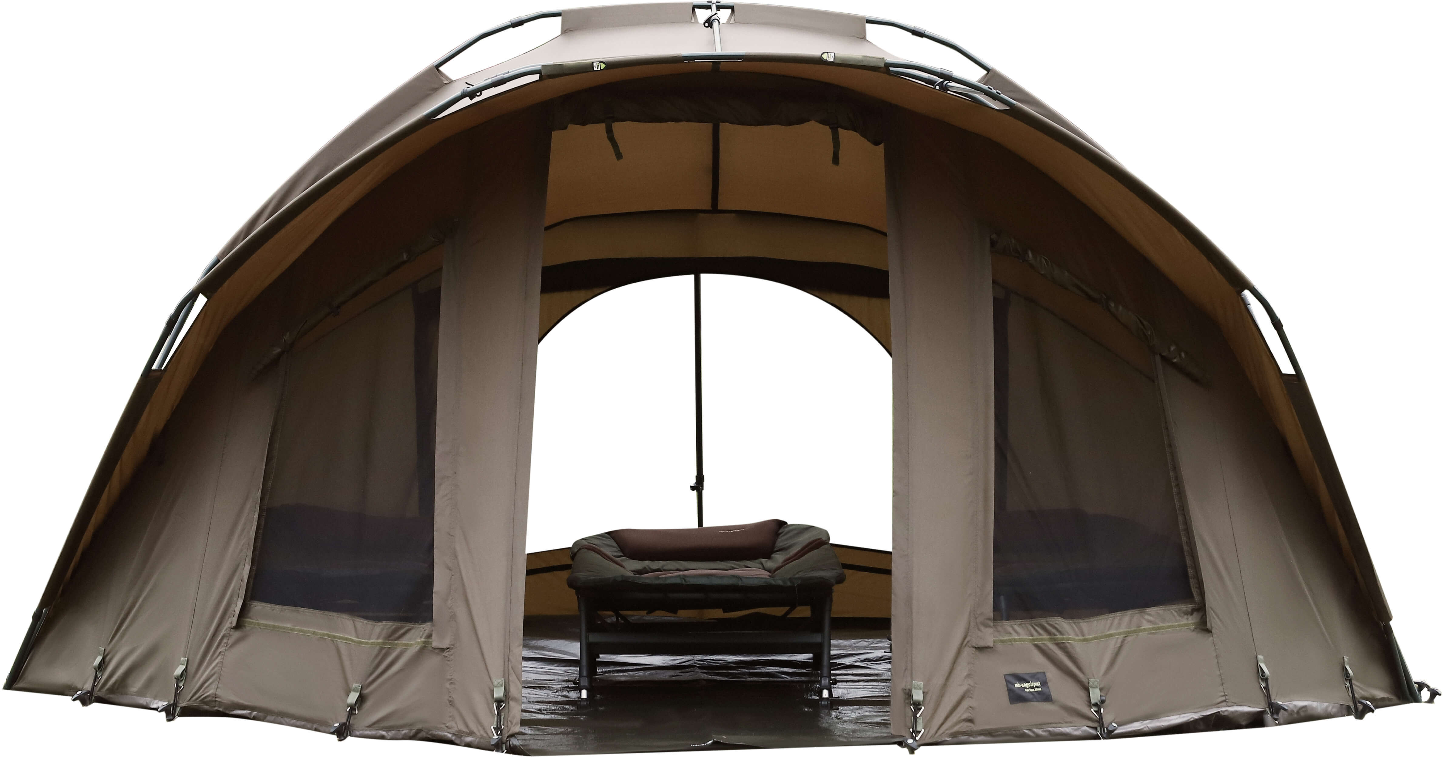 Amplia tienda de campaña para pescar con cómoda silla cama, perfecta para las salidas nocturnas de los pescadores de carpas.