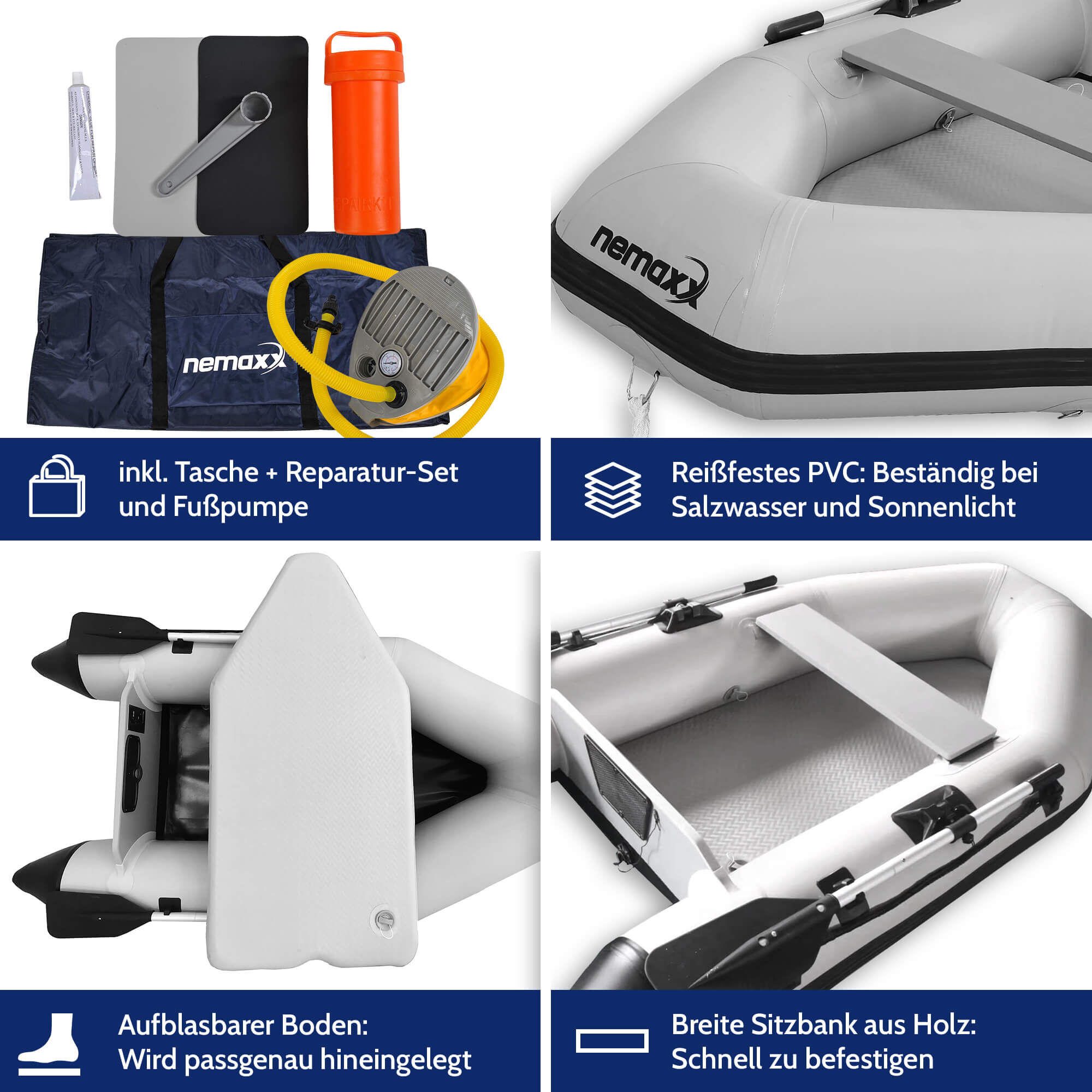 Kit durevole per gommone per la pesca alla carpa, include pompa e set di riparazione.