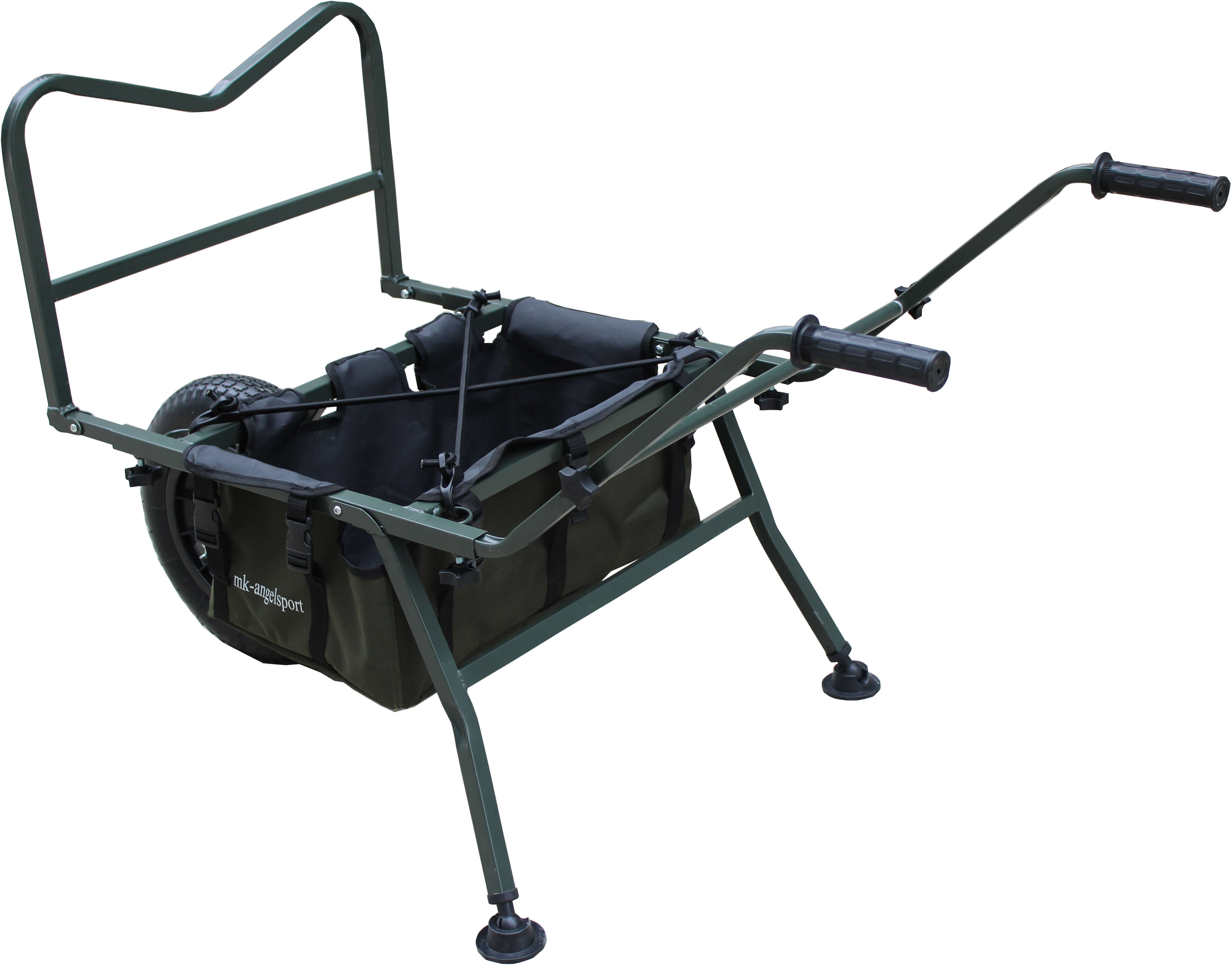 barrow-fishing Der MK Barrow besitzt Spanngurte, welche das Tackle auf der Transportkarre fixiert.