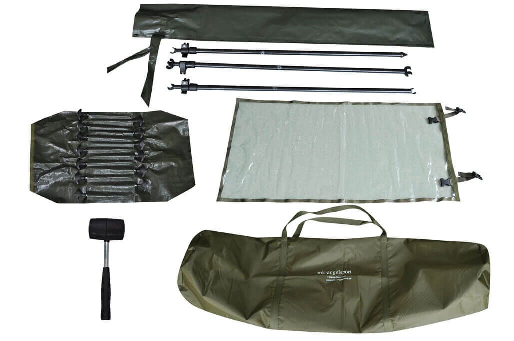 angelzelt-bodenplane Attrezzatura essenziale per la pesca alla carpa, inclusa tenda, canne e strumenti per una cattura di successo.