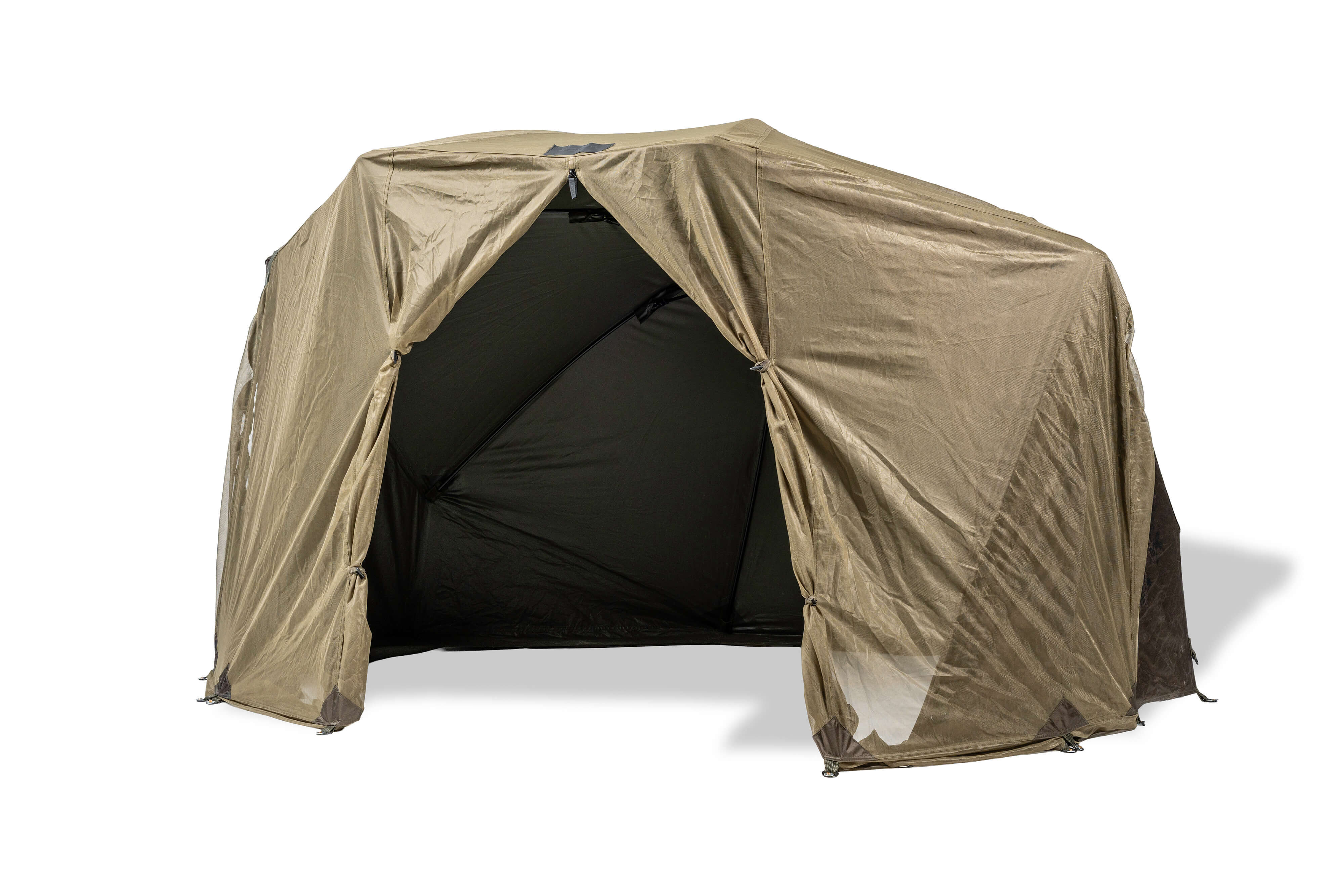 Ein geräumiges Außenzelt mit brauner Außenseite und offenem Eingang, ideal für Camping und Outdoor-Aktivitäten.