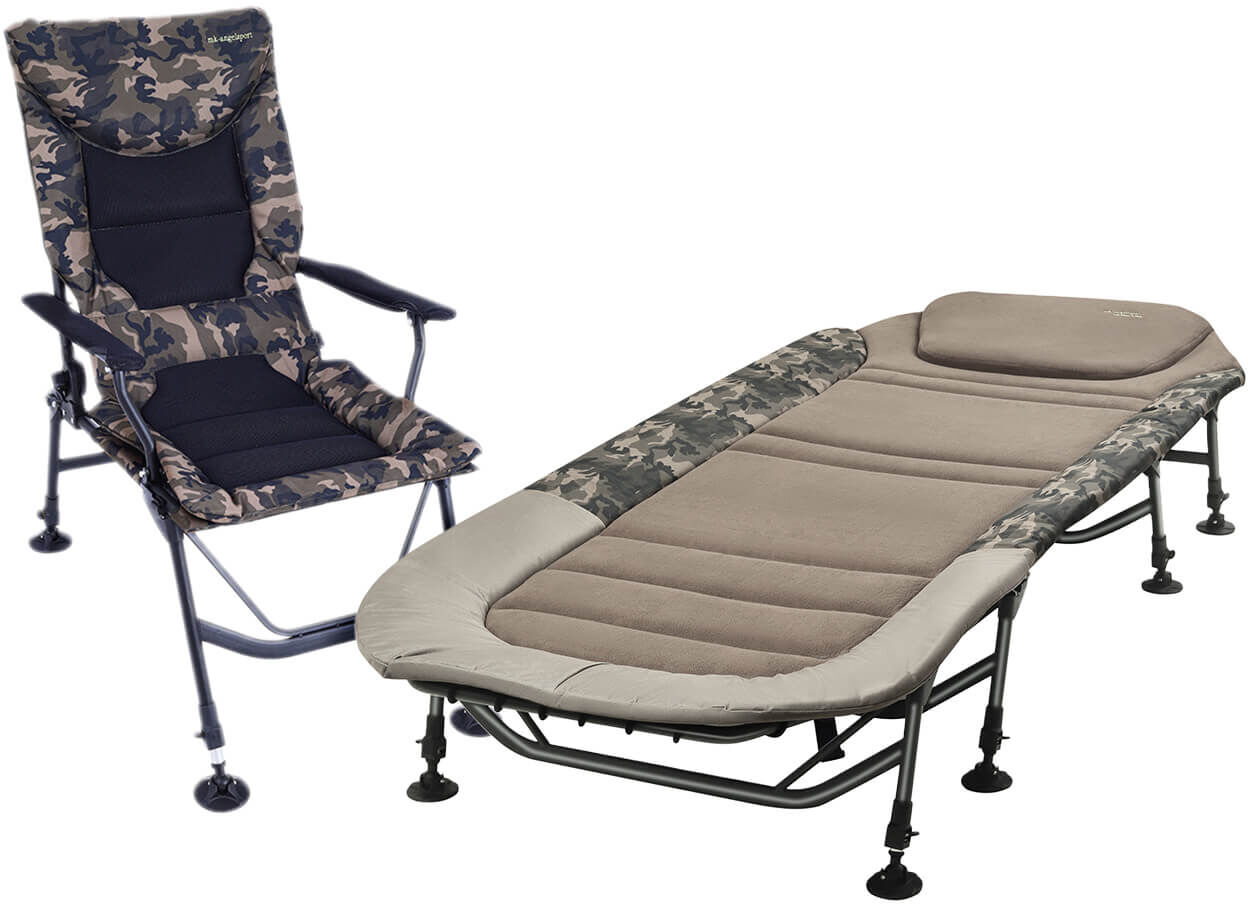 Cómoda silla de pesca y cama para largas sesiones de pesca de carpas al aire libre.