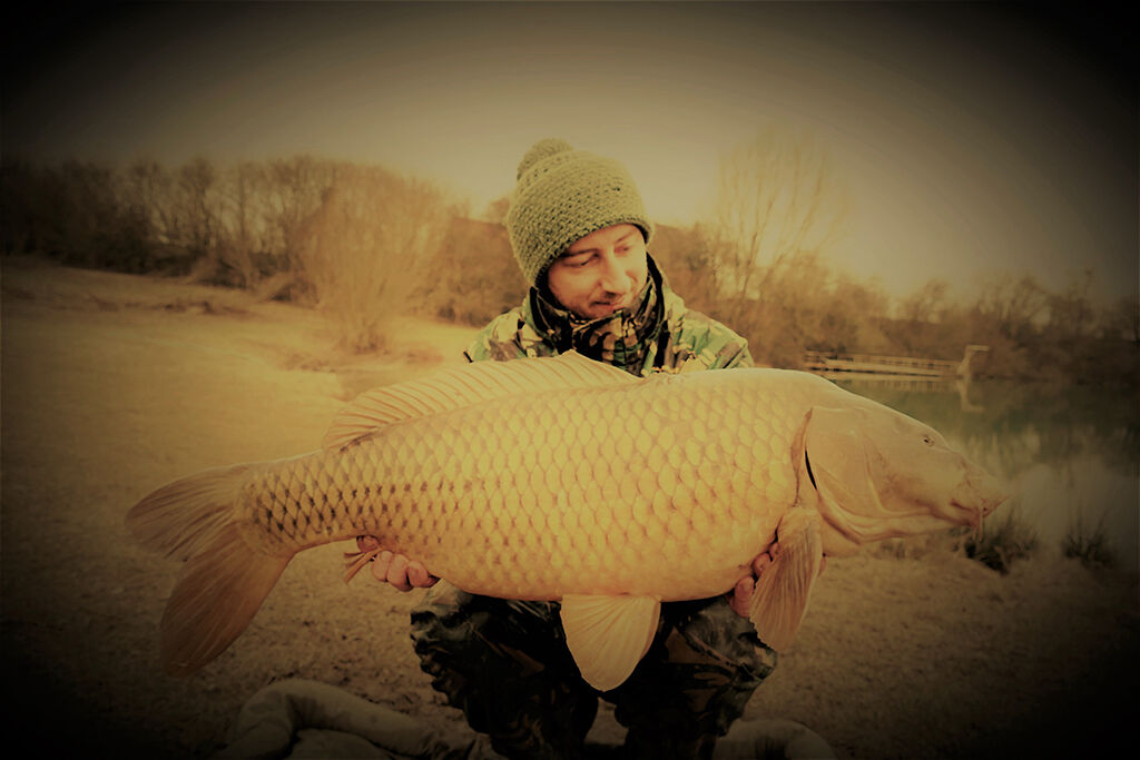karpfen-auf-boilies Angler hält stolz einen großen Karpfen und präsentiert erfolgreiche Angeltechniken und Ausrüstung.
