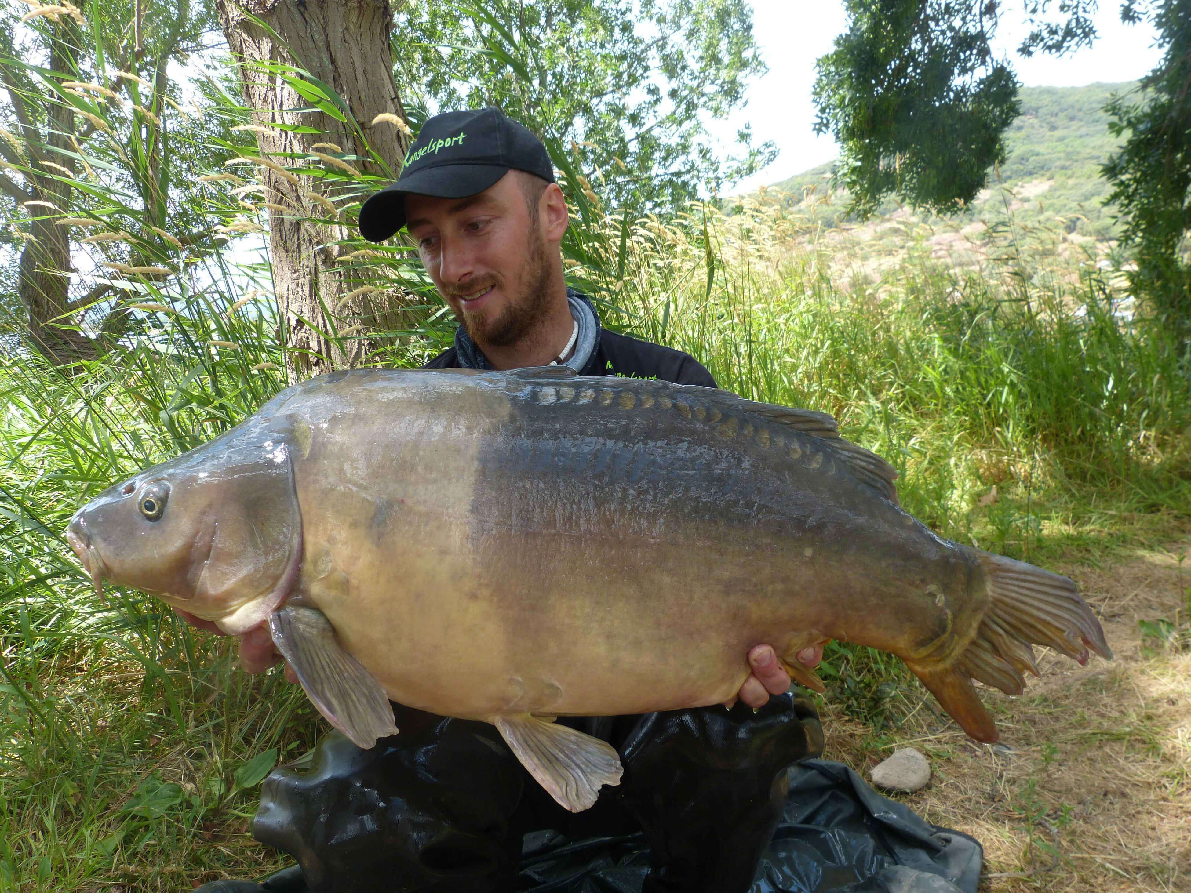 karpfenangeln_frankreich_291 Ein Angler hält stolz einen großen Karpfen und demonstriert damit seine erfolgreichen Angelfähigkeiten und sein Angelgerät.