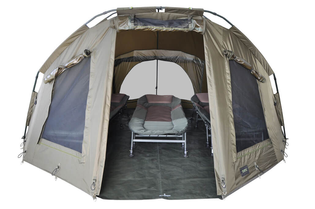 5season-angelzelt Geräumiges Angelzelt mit Schlafbetten, ideal für Übernachtungsausflüge von Karpfenanglern.