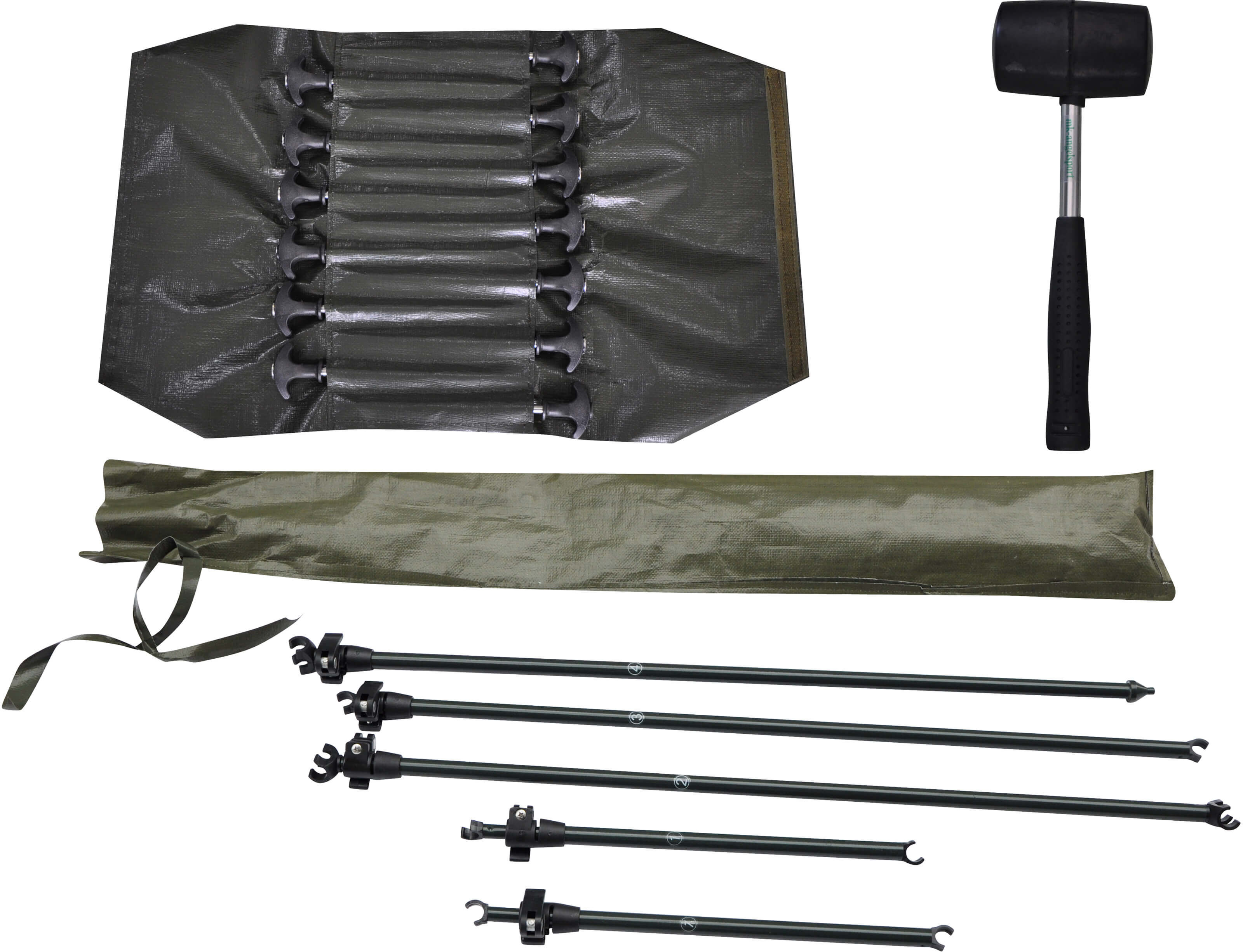 MK10157-bivvy-6 Equipo de pesca de carpas esencial que incluye palos de banco, mazo y bolsa de transporte para pescadores.