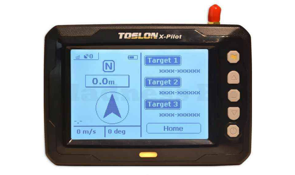 autpoilot_futterboote Toslon X-Pilot-Display für Angler, das Navigation und Zieleinstellungen zum Angeln anzeigt.