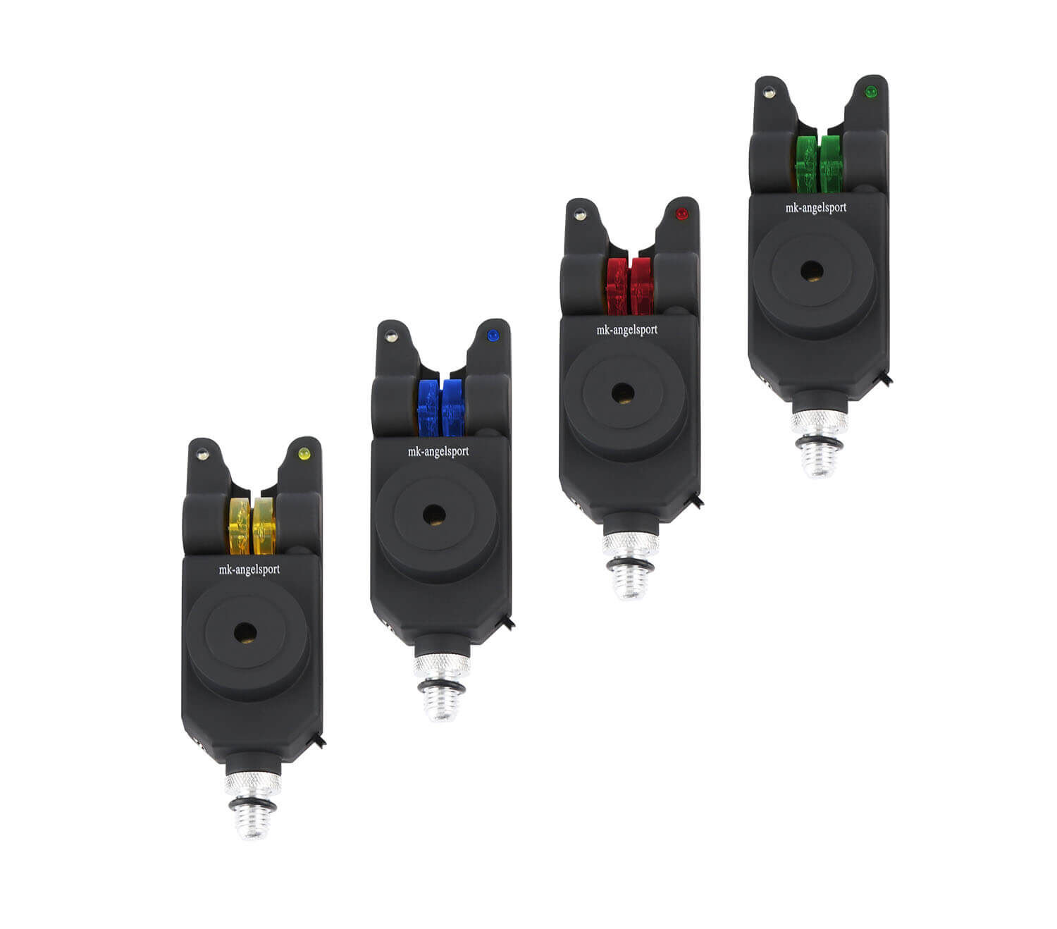 wireless-bite-idicator-4-set Cuatro detectores de picada electrónicos para la pesca de carpas, con indicadores de diferentes colores.