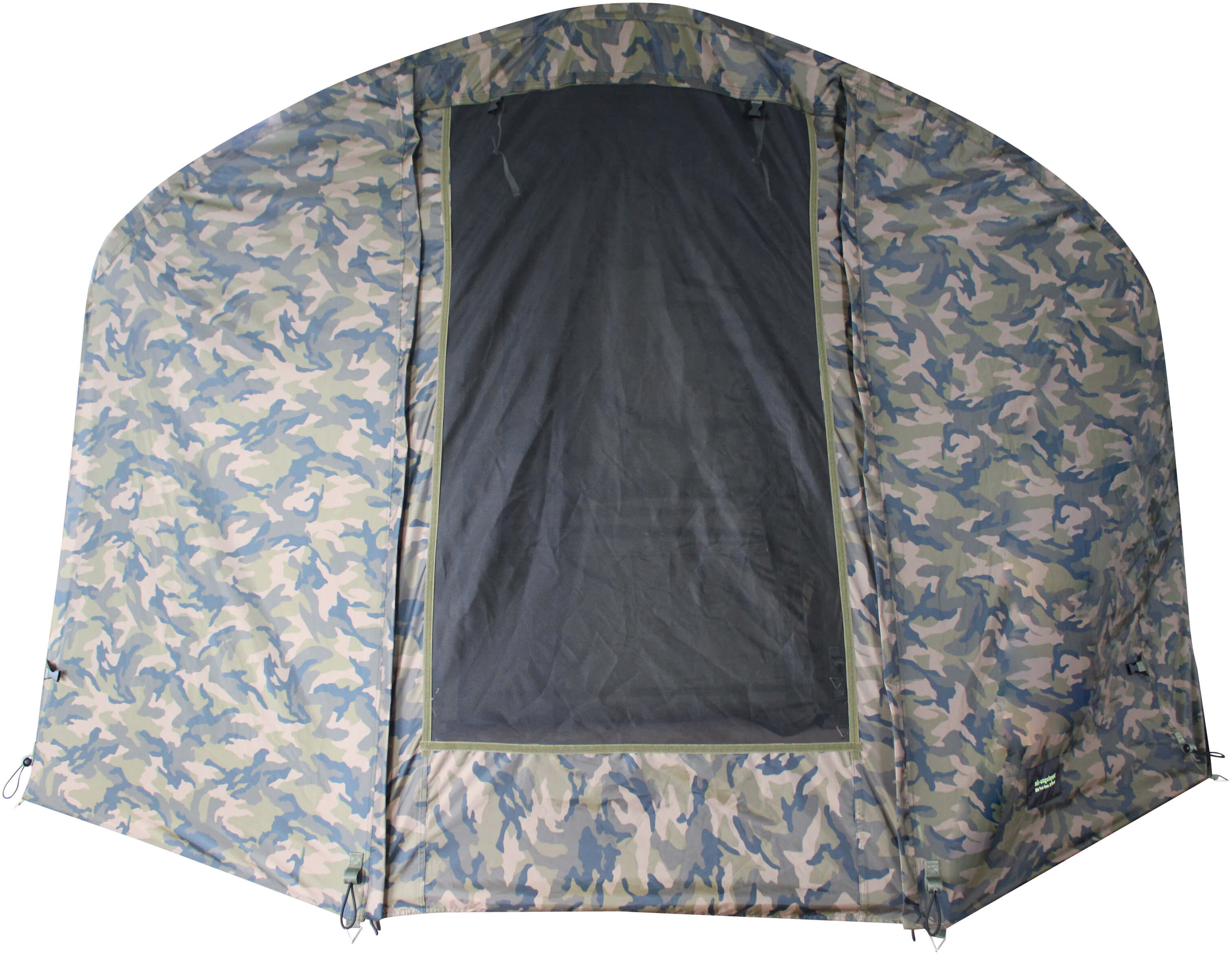 for-knox-2man-camo-winterskin Rifugio da pesca mimetico ideale per i carpisti, offre comfort e protezione.