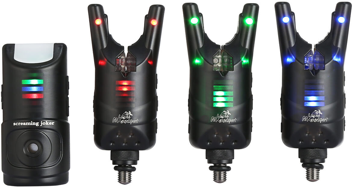 screaming-joker-funkbissanzeiger-3 Das 3 +1 Funkbissanzeiger-Set beinhaltet 3 Funkbissanzeiger in Rot, Blau und Gelb, sowie den passenden Receiver.