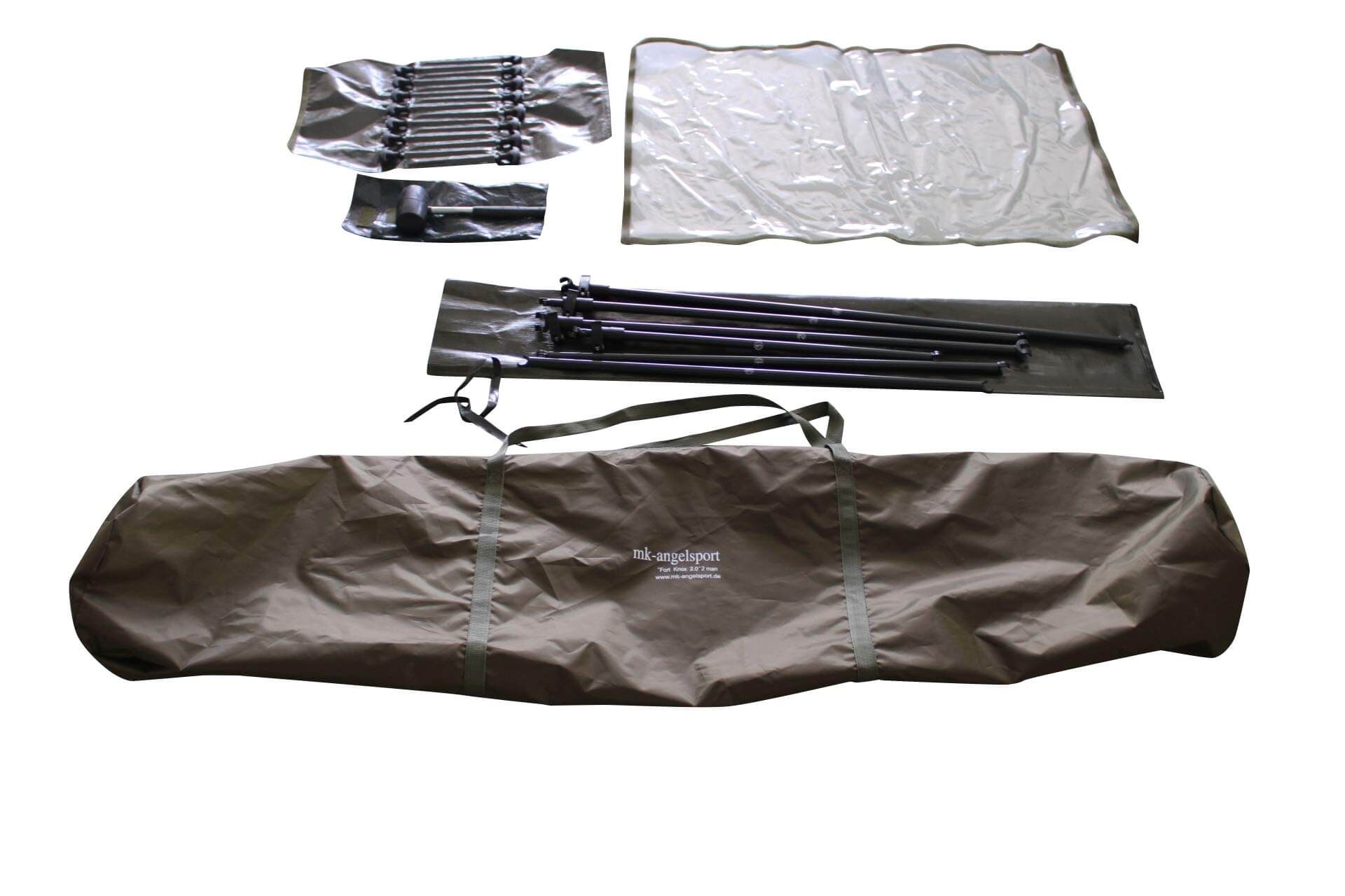 Fort-knox-2 Das große Zubehörpaket umfaßt Zelthering, Hammer für Angelzelte, Bodenplane und anderes Angelzelt Zubehör.