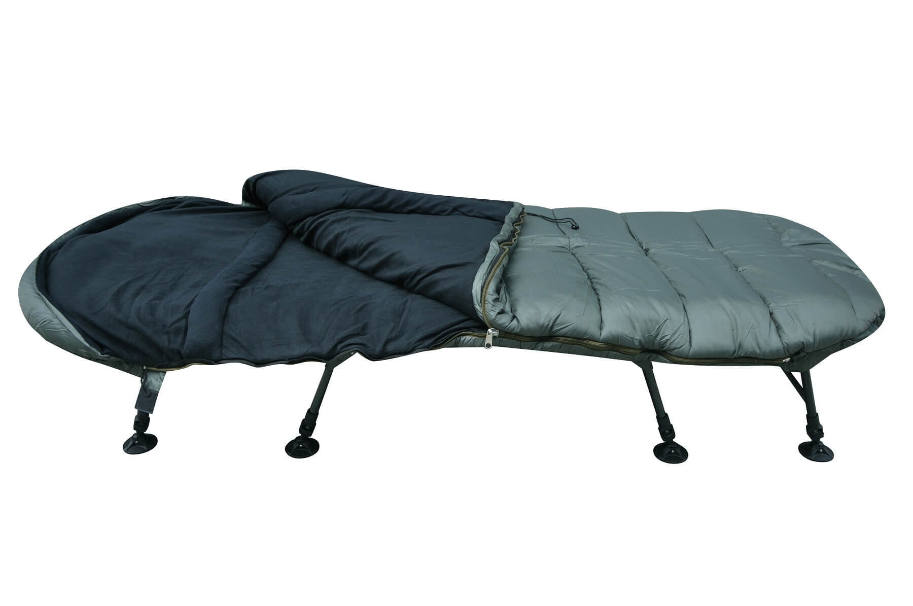 schlafsack-karpfenangler Bequemer Angelliegestuhl für Karpfenangler, perfekt für lange Nächte am Wasser.