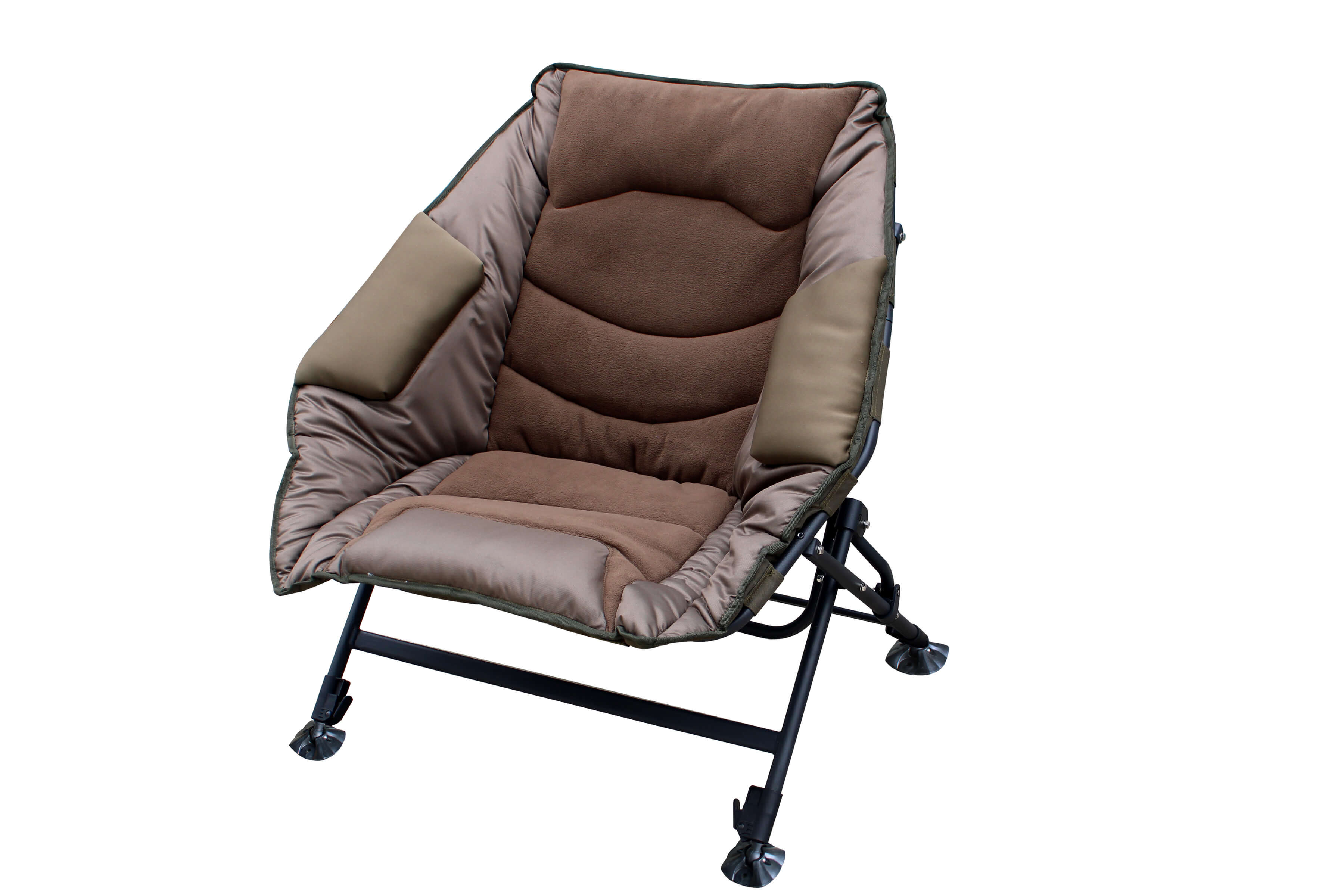 Chaise de pêche confortable conçue pour de longues heures de pêche à la carpe avec support rembourré.