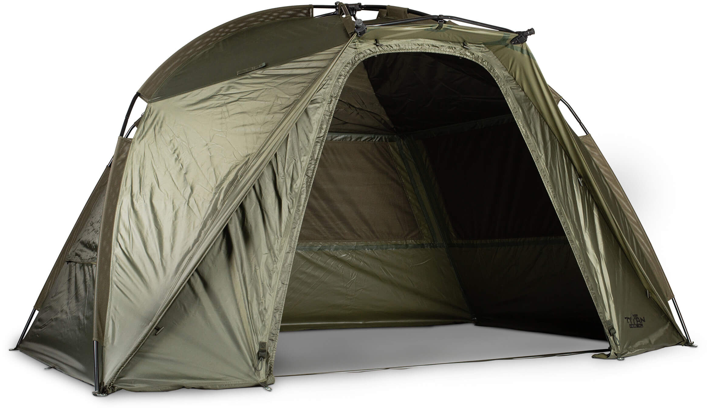 Spaziosa tenda da pesca progettata per i carpisti, che offre riparo e comfort durante le sessioni.