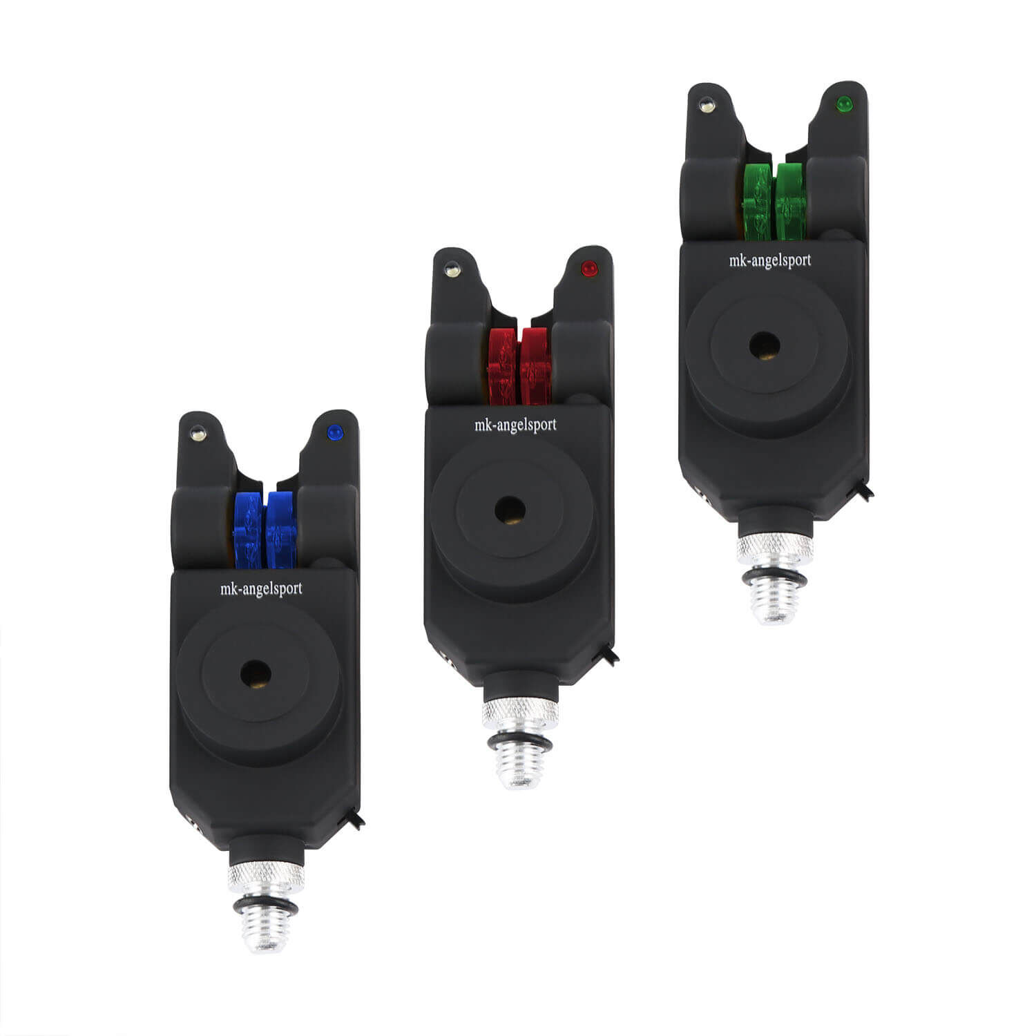 bite-indicator-3-set Drei elektronische Bissanzeiger zum Karpfenangeln mit verschiedenfarbigen Indikatoren.
