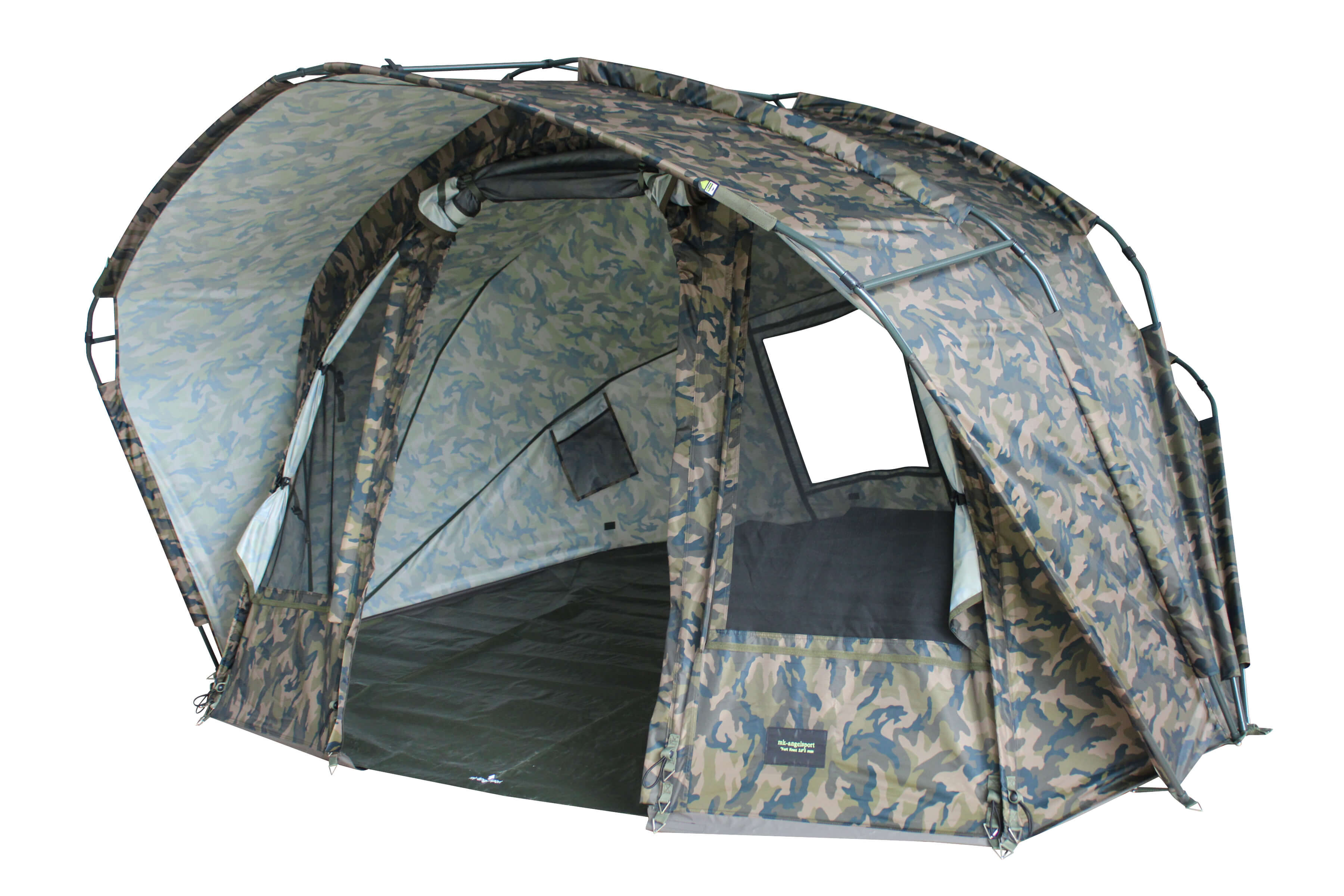 camo-zelt-2man Una spaziosa tenda da pesca mimetica progettata per offrire comfort e protezione durante le lunghe sessioni di pesca alla carpa.