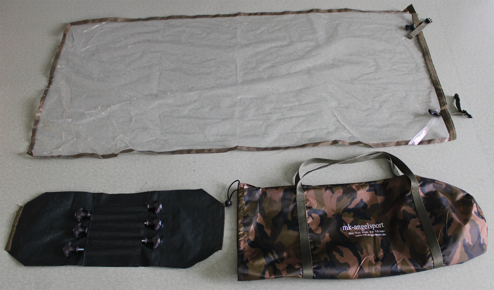 winterskin-camo-zubehoer Equipo de pesca que incluye una estera protectora, un portacañas y una bolsa de transporte para pescadores de carpas.
