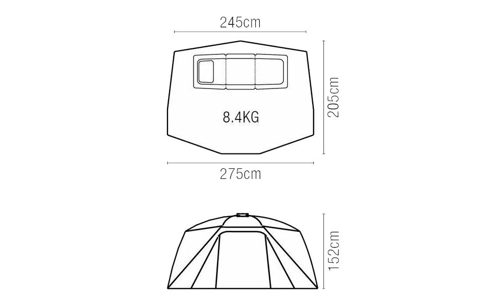 Dimensioni nel dettaglio di una tenda da pesca ideale per i carpisti, leggera e spaziosa.