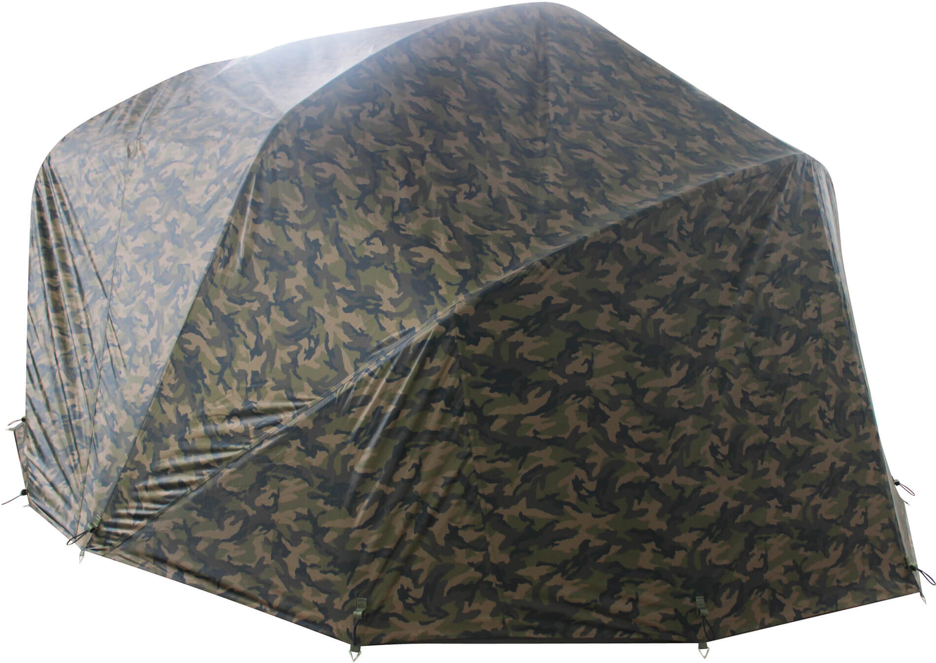 3man-bivvy-camo-winterskin Tienda de pesca de camuflaje que proporciona refugio a los pescadores durante las salidas de pesca de carpas.