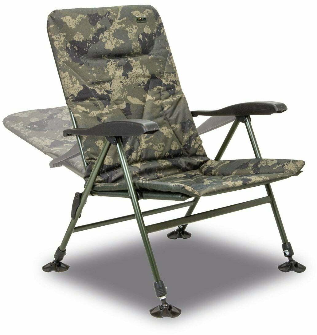 solar-recliner-chair-ca04 Comfortabele camouflagevisstoel ontworpen voor vissers, perfect voor lange vissessies.