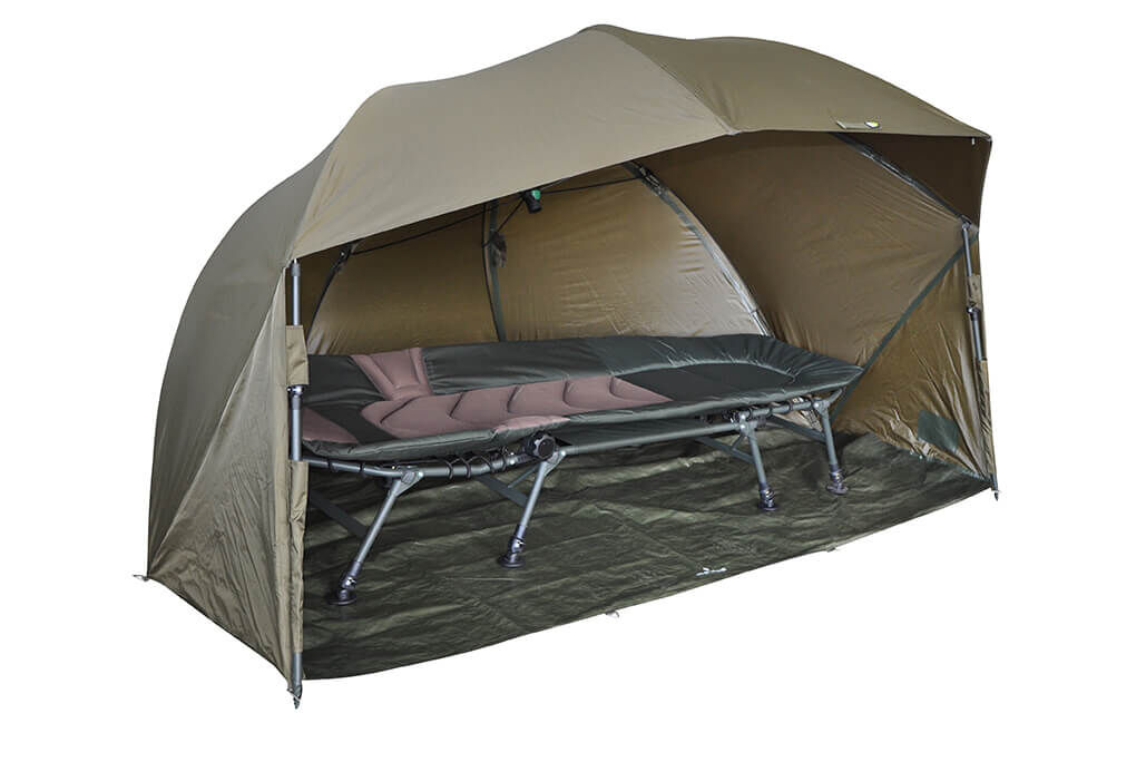 brolly-shelter-60inch Cómoda cama de pesca y refugio para pescadores de carpas, perfecta para largas sesiones de pesca.