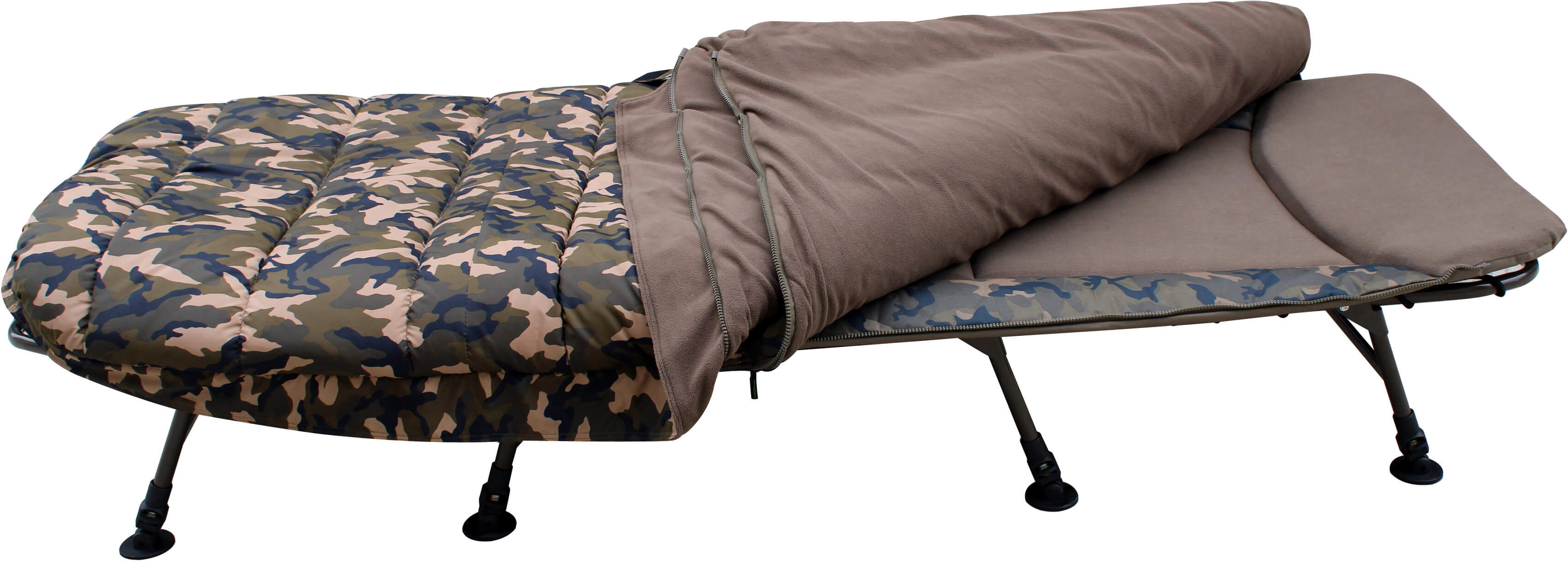 5seasons-bedchair-system Cómoda silla cama de pesca con estampado de camuflaje para pescadores de carpas, perfecta para largas sesiones.