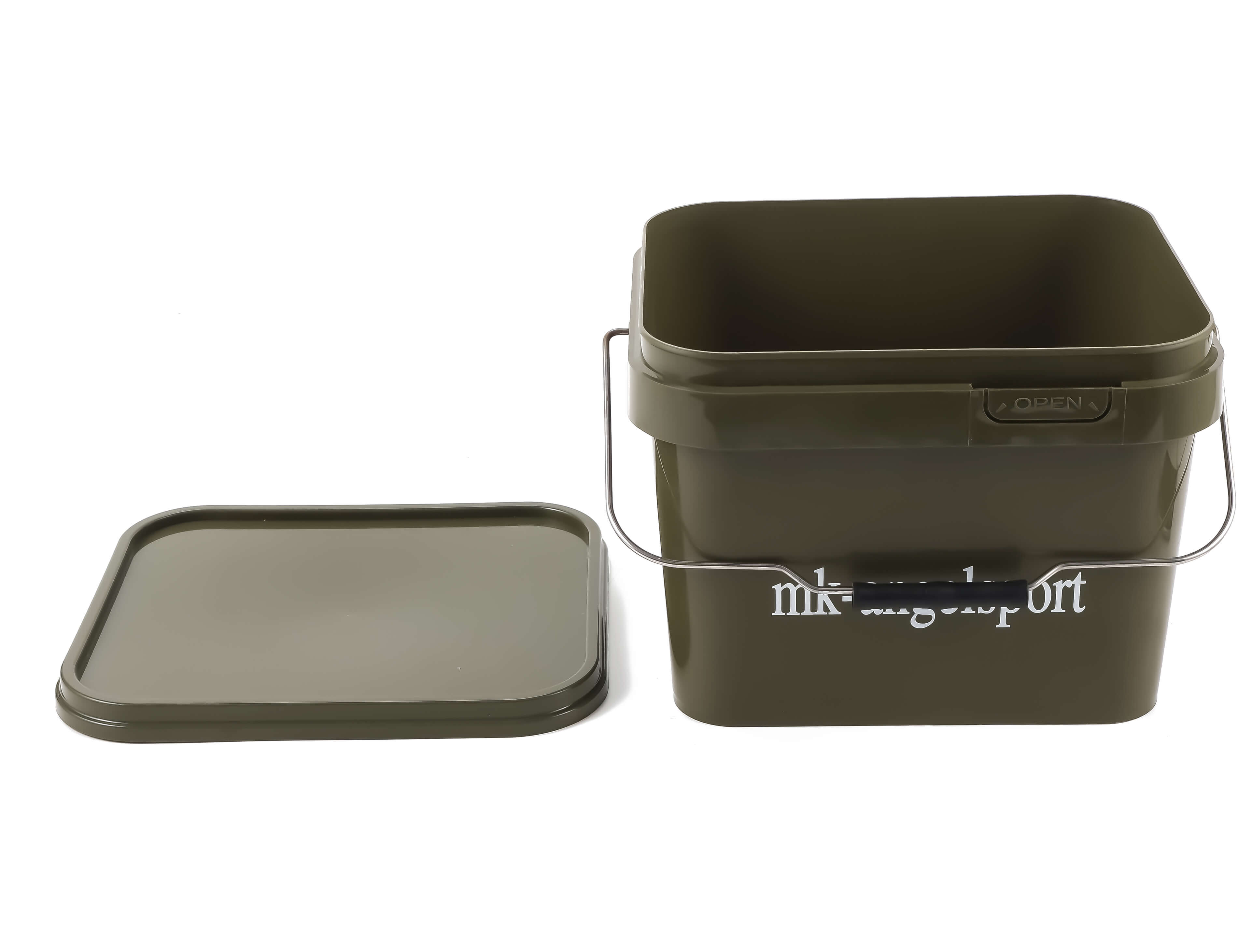 Cubo de pesca duradero con tapa, perfecto para guardar cebos y aparejos en viajes de pesca.