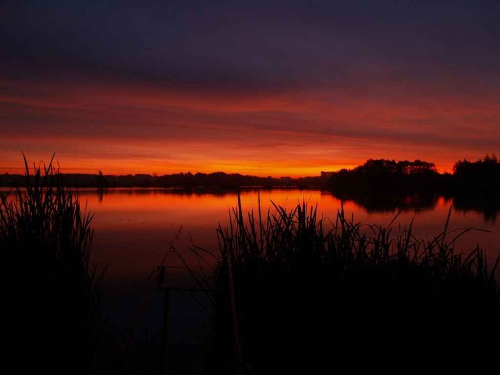 karpfenangeln_mit_karpfenzelt Atemberaubender Sonnenuntergang über einem ruhigen See, perfekt zum abendlichen Karpfenangeln.