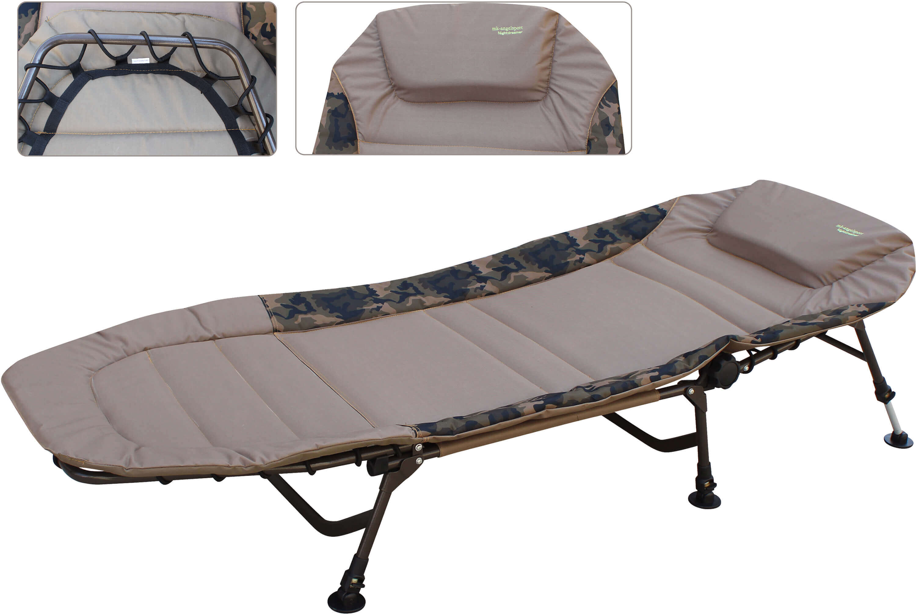 Cómoda silla cama de pesca para pescadores de carpas, diseñada para largas horas de relax.