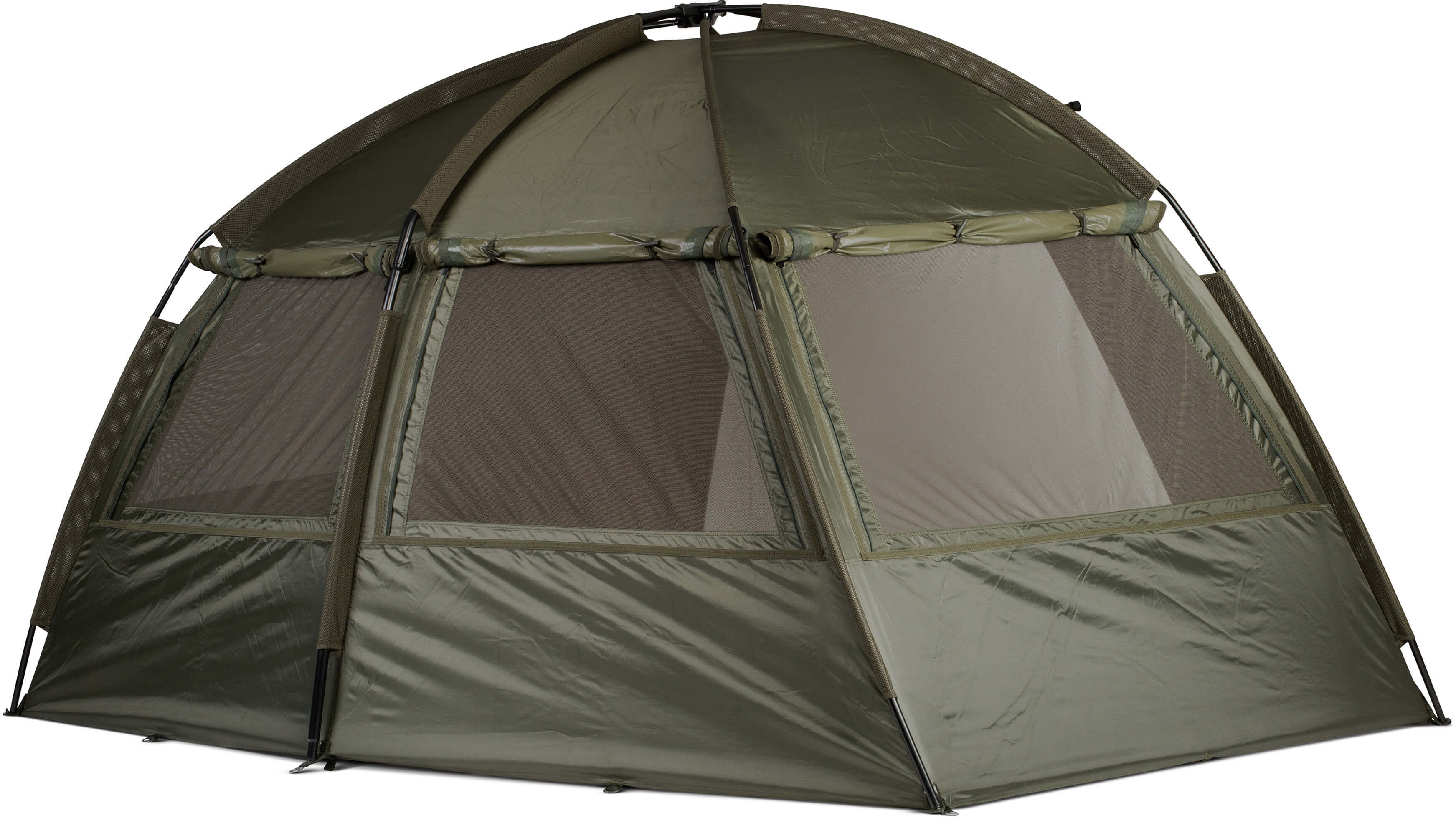 Tenda da pesca resistente che offre riparo e comfort ai carpisti durante le lunghe sessioni.