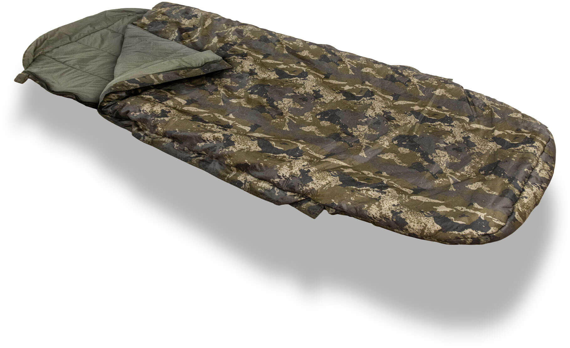 solar-UCP03-sleeping-bag Comodo sacco a pelo mimetico per i carpisti, garantisce calore durante le battute di pesca notturne.