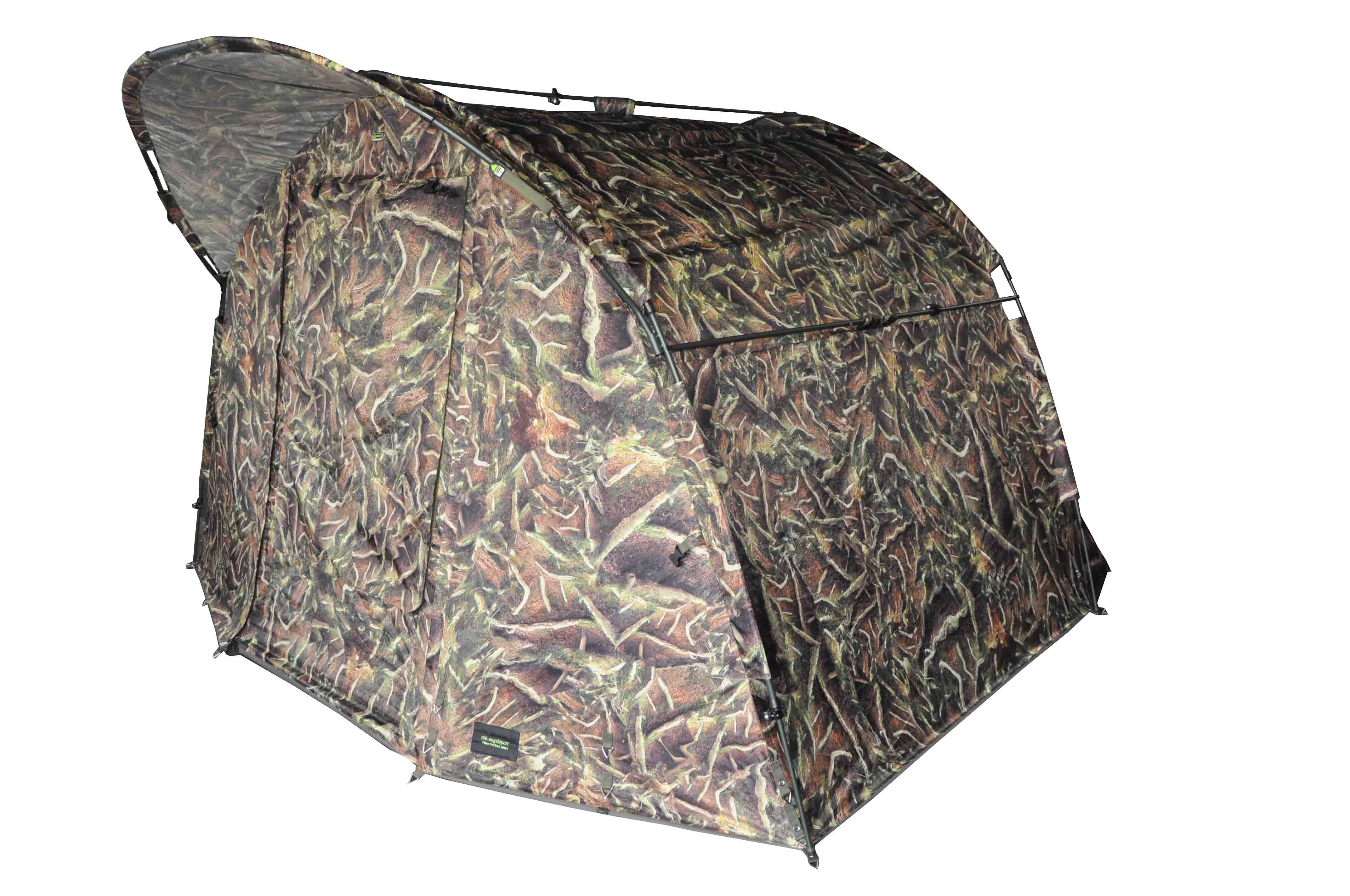 1-bivvy-vorzelt-camo Riparo da pesca mimetico che offre comfort e protezione ai carpisti.