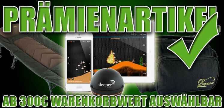 Ausgewählte Prämienartikel ab 300€ Warenkorbwert Werbebild mit Angelausrüstung, darunter Liegestuhl, Sonar und Angeltasche.