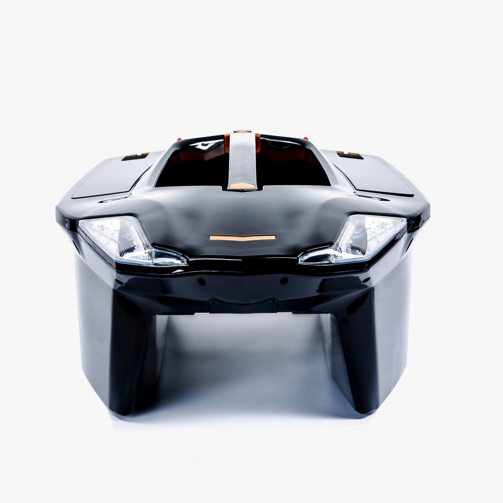 toslon-futterboot-xboat730 High-quality black fishing boat designed for carp anglers, perfect for water navigation.