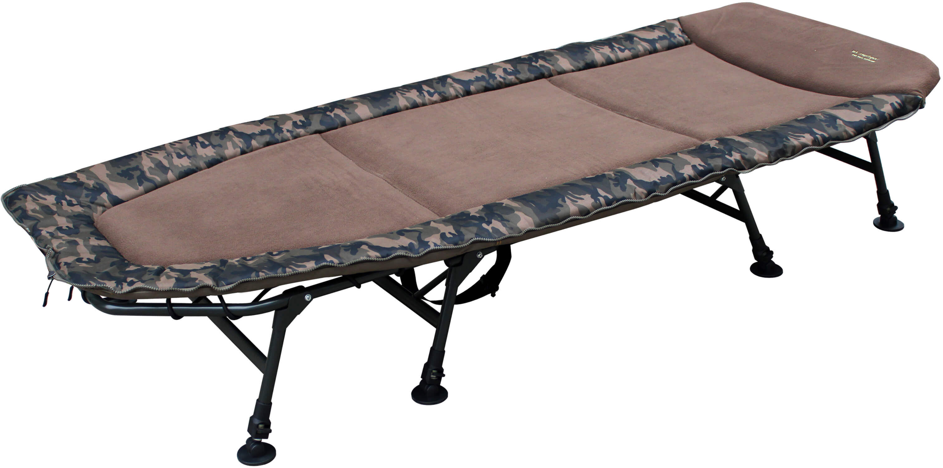 karpfenliege-im-camo-design Cómoda silla cama de pesca para pescadores de carpas, perfecta para largas sesiones de pesca.