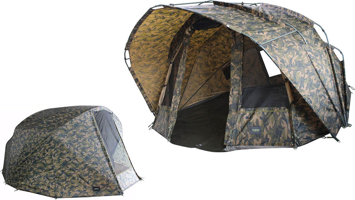 Tente de pêche camouflage conçue pour le carpiste, offrant abri et confort.