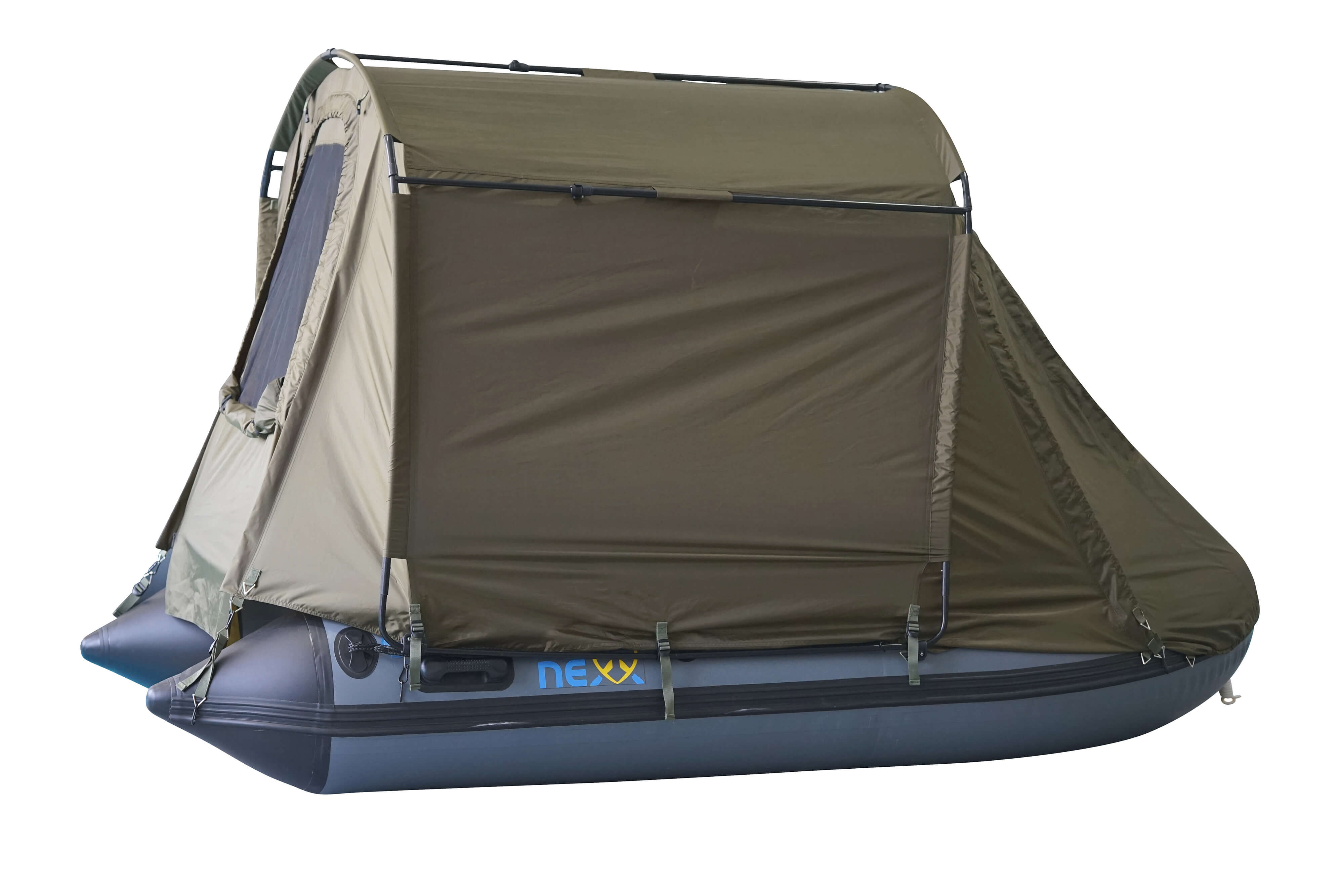 Una resistente tenda da pesca montata su un gommone, perfetta per i carpisti.